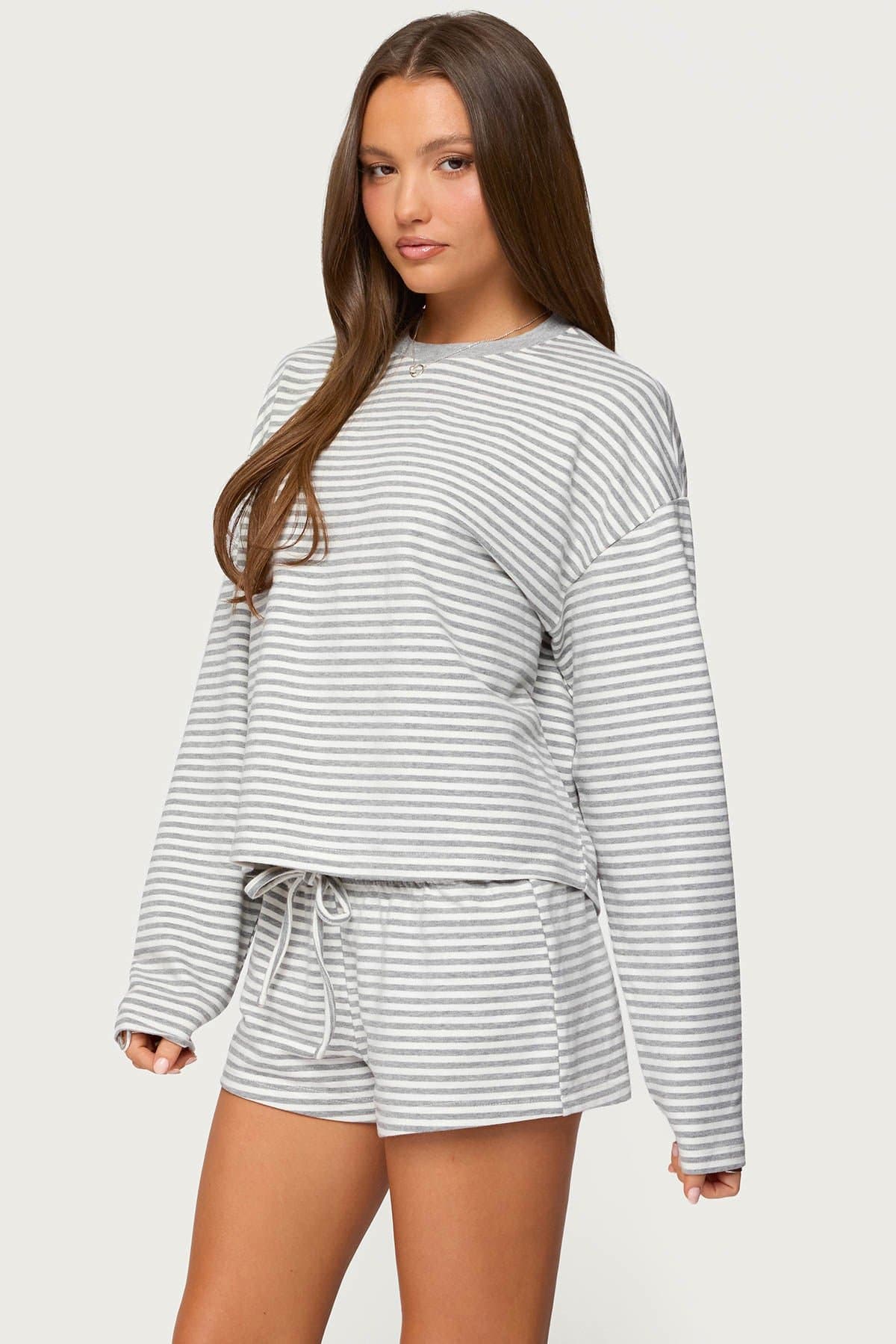 Jainee Striped Long Sleeve Oversized T-Shirt - Cotton Spandex Loungewear