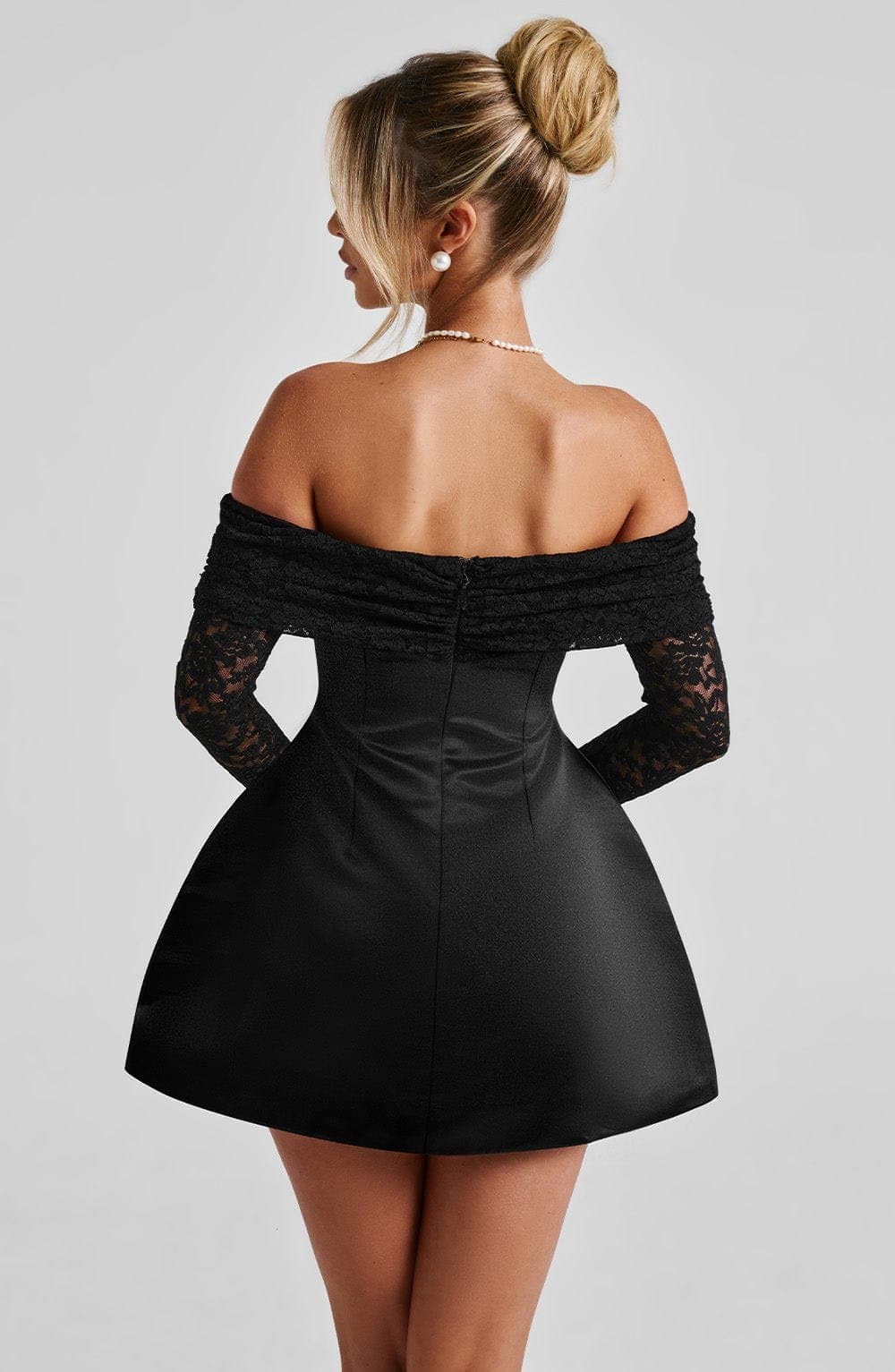 Georgianna Mini Dress in Black - Satin with Lace Sleeves, Bardot Neckline