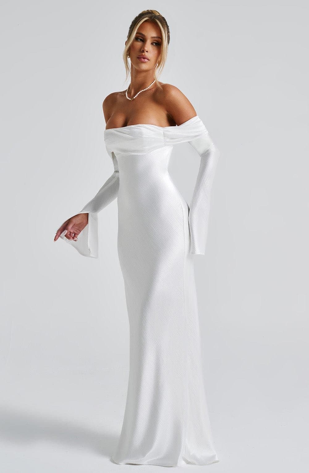 Selene Maxi Dress in Ivory - Textured Satin Bardot Neckline Long Sleeve