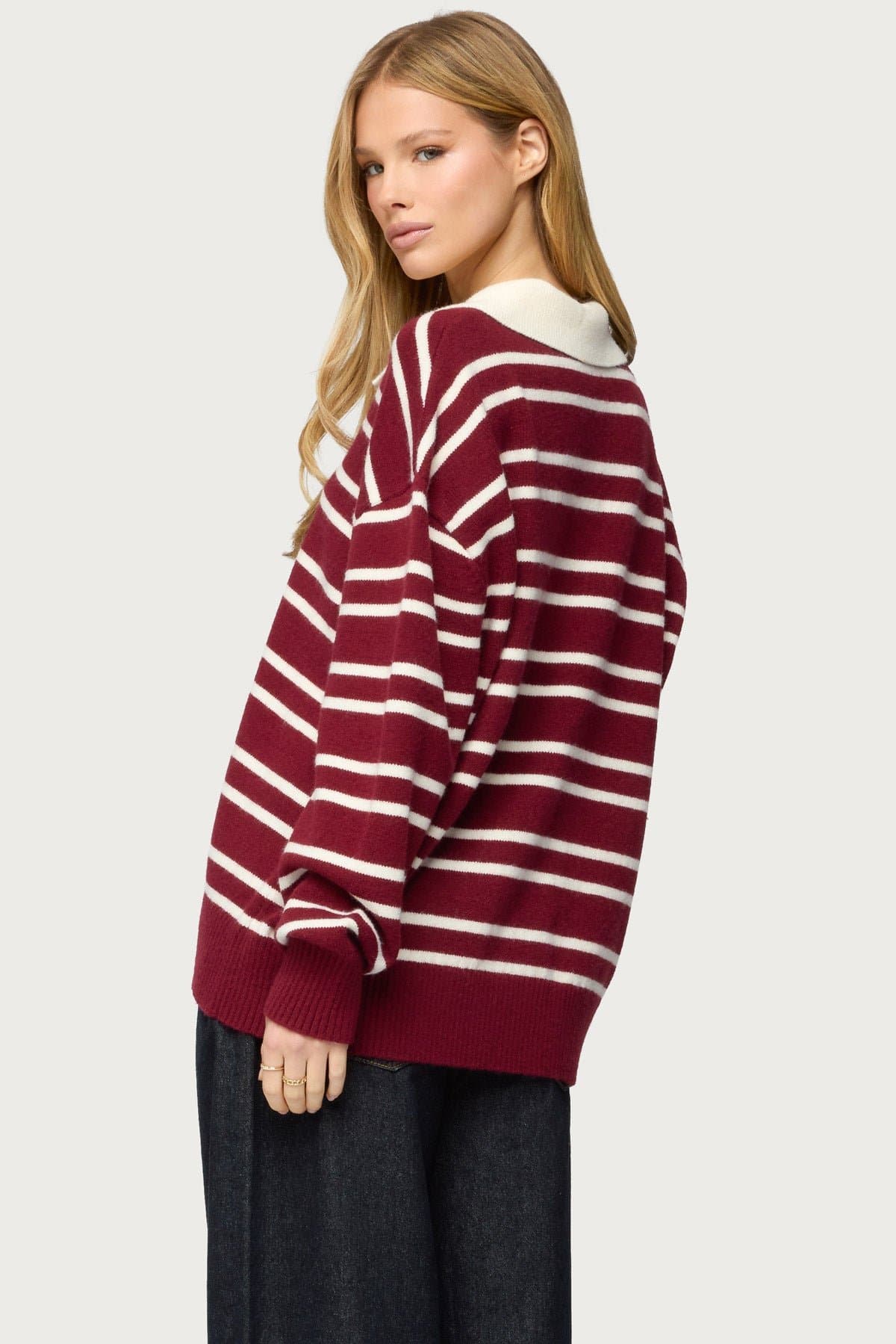 Rilynn Striped Polo Sweater - Oversized Knit Rugby Shirt in Acrylic Polyester Nylon