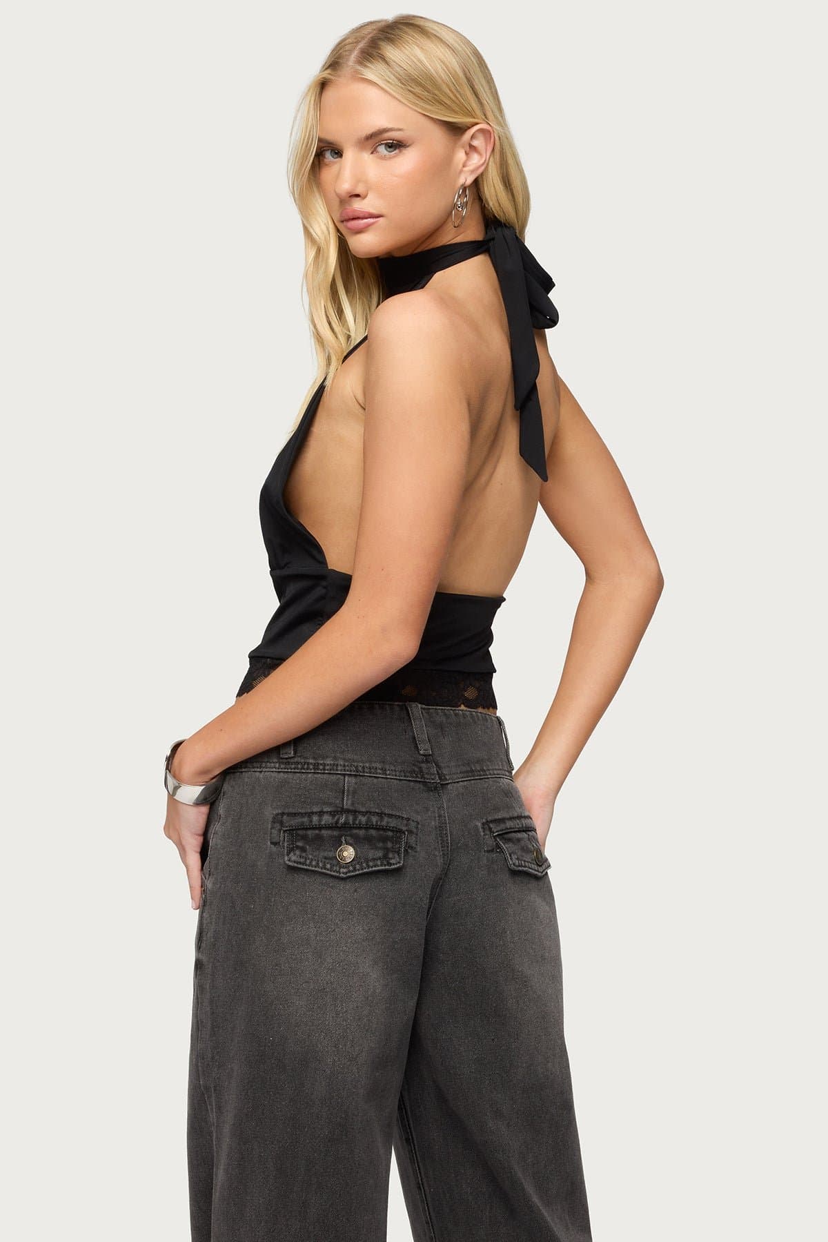 Sandra Lacey High Neck Halter Top with Lace Trim, Open Back, Nylon Spandex