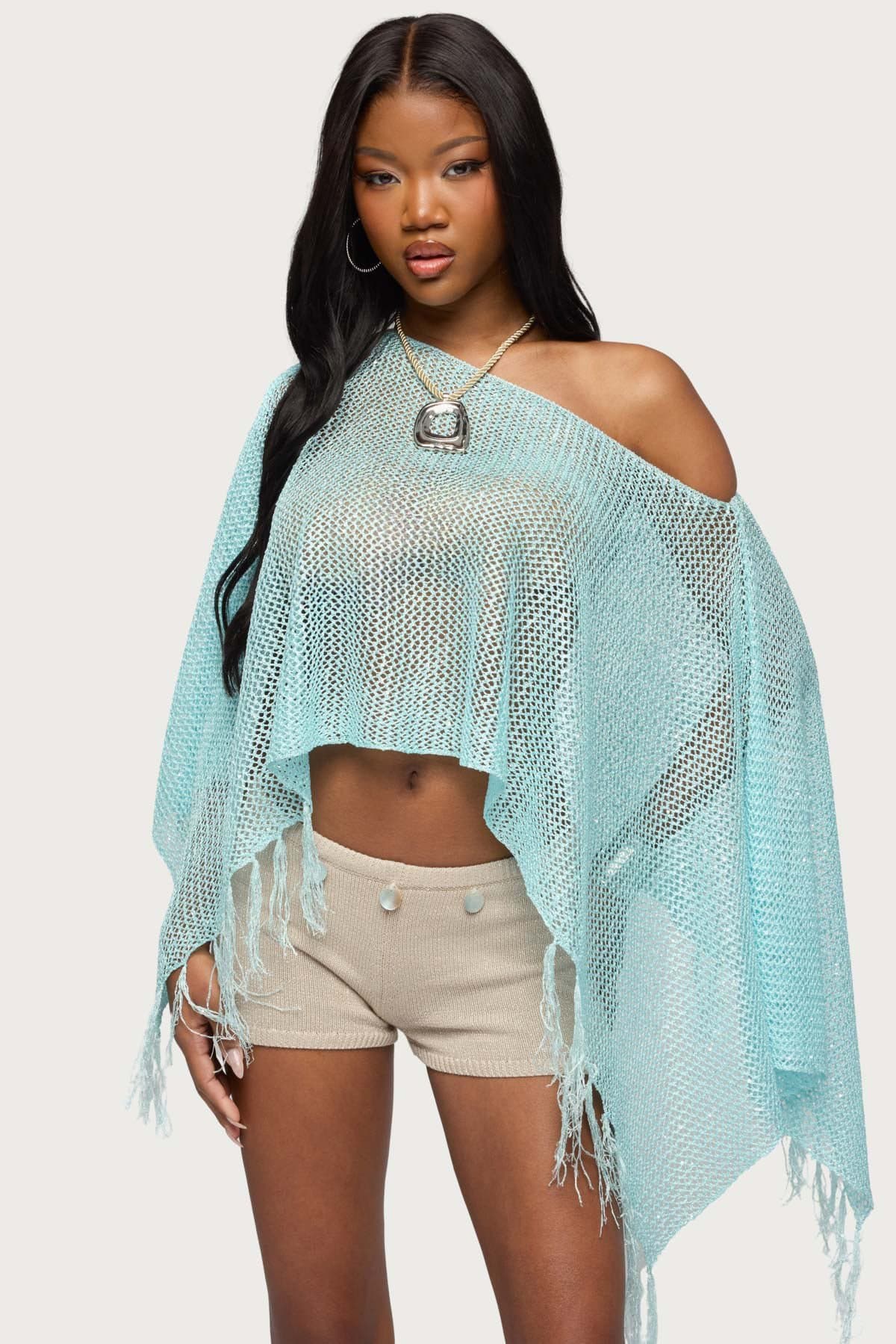 Sequin Fringe Knit Poncho - Boat Neckline, Open Knit Polyester