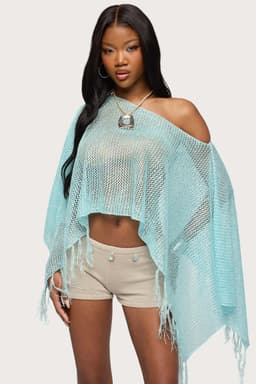 Sequin Fringe Knit Poncho - Boat Neckline, Open Knit Polyester