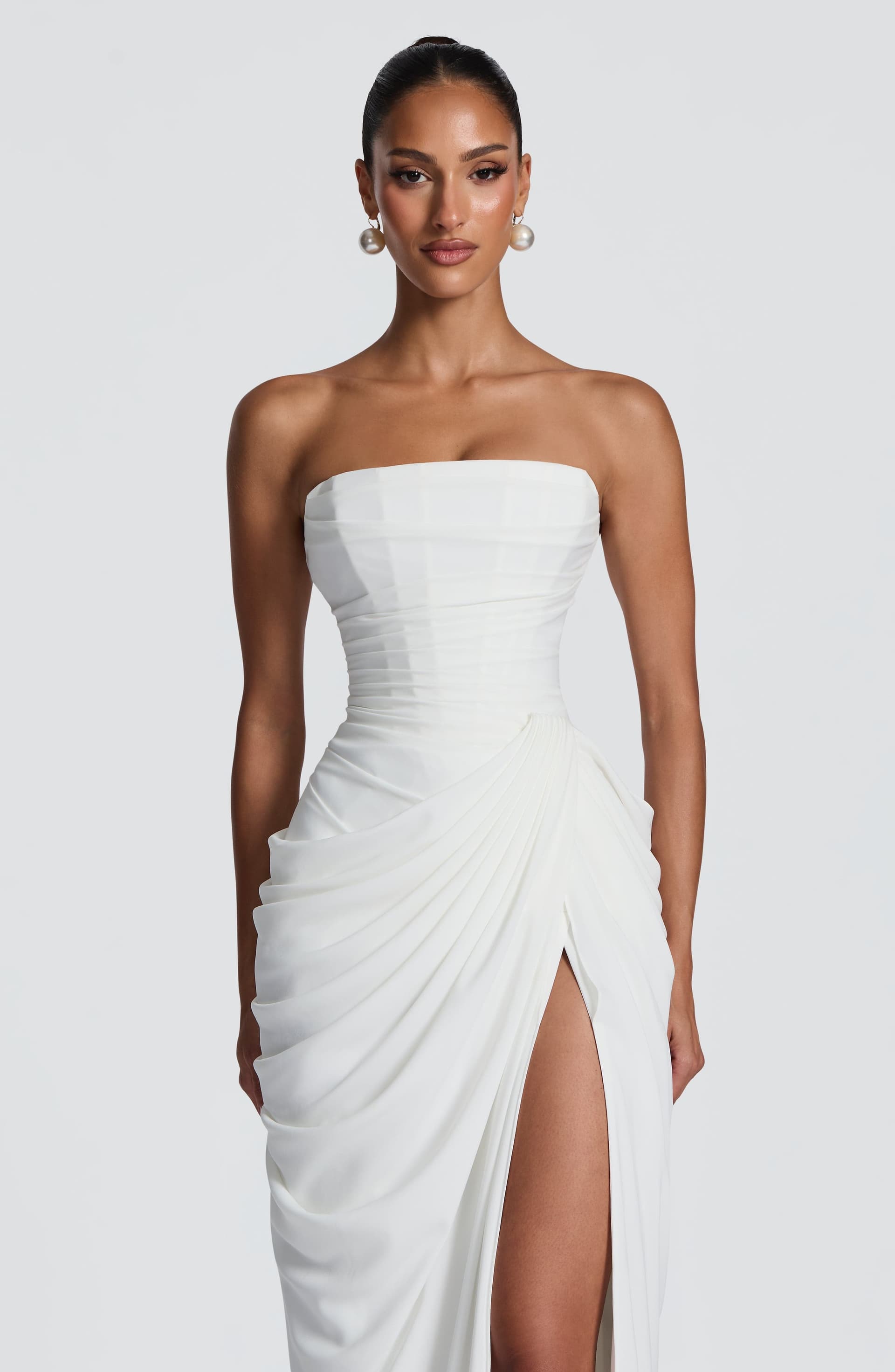 Cyra Maxi Dress in Ivory Chiffon with Strapless Neckline and Thigh-High Split