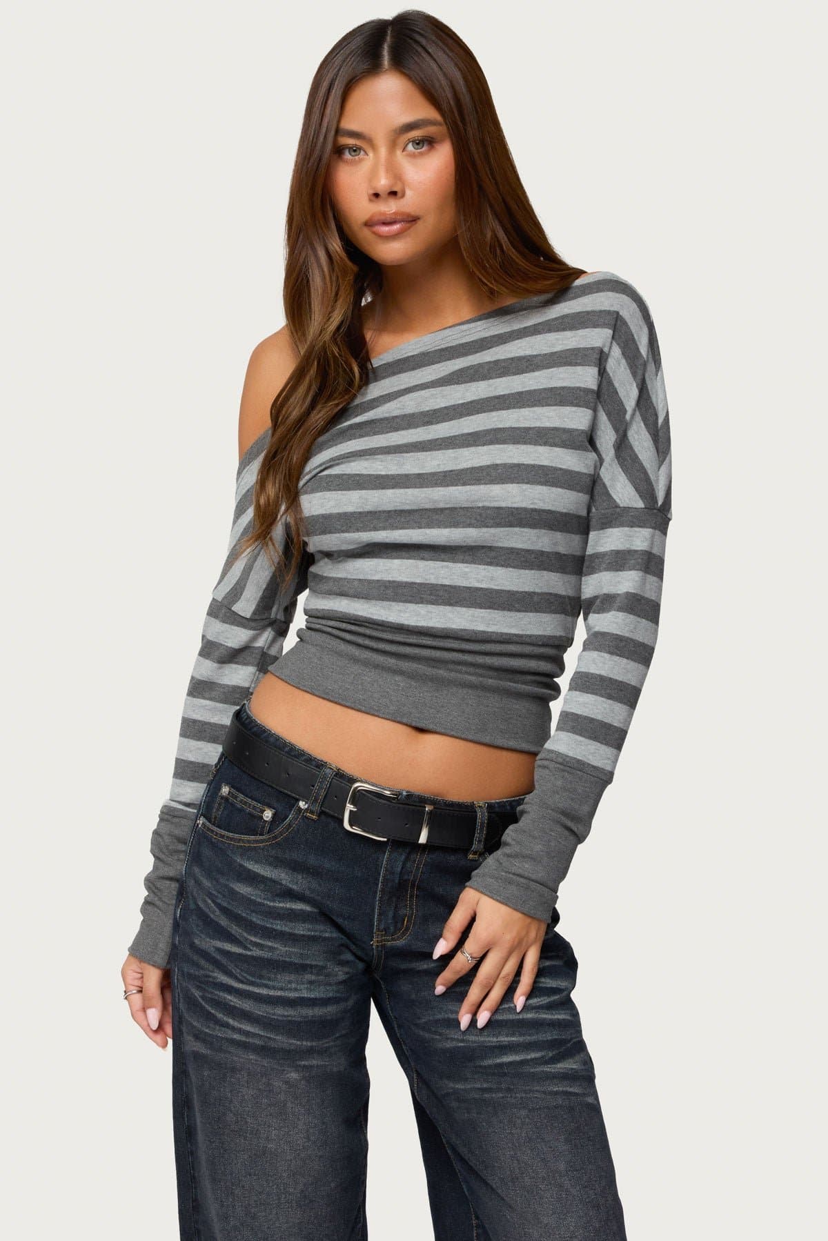 Marniee Striped Off Shoulder Long Sleeve Top with Cinched Waist