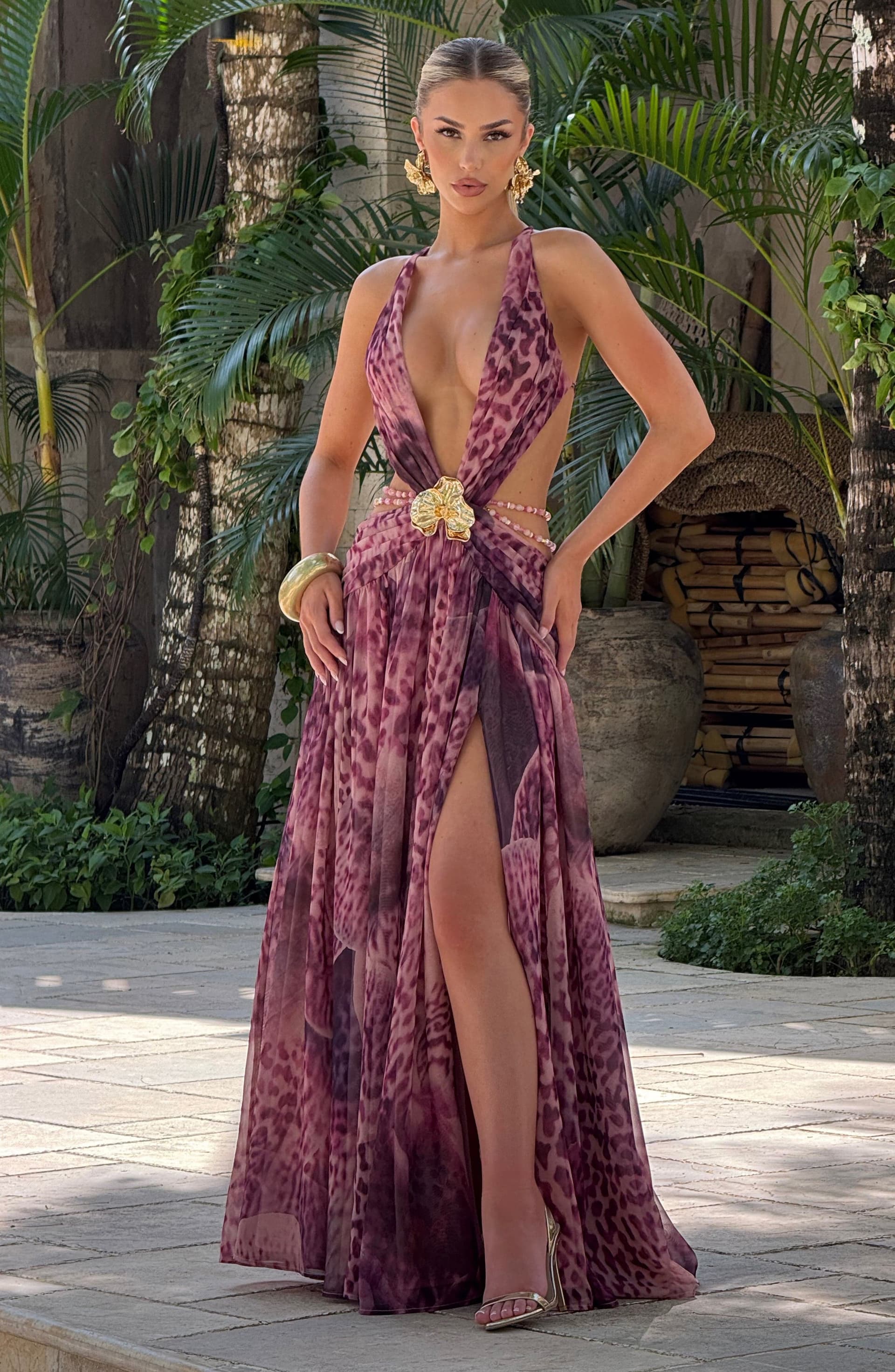 Indianna Maxi Dress Magenta Orchid Print Chiffon Plunge Neckline Backless