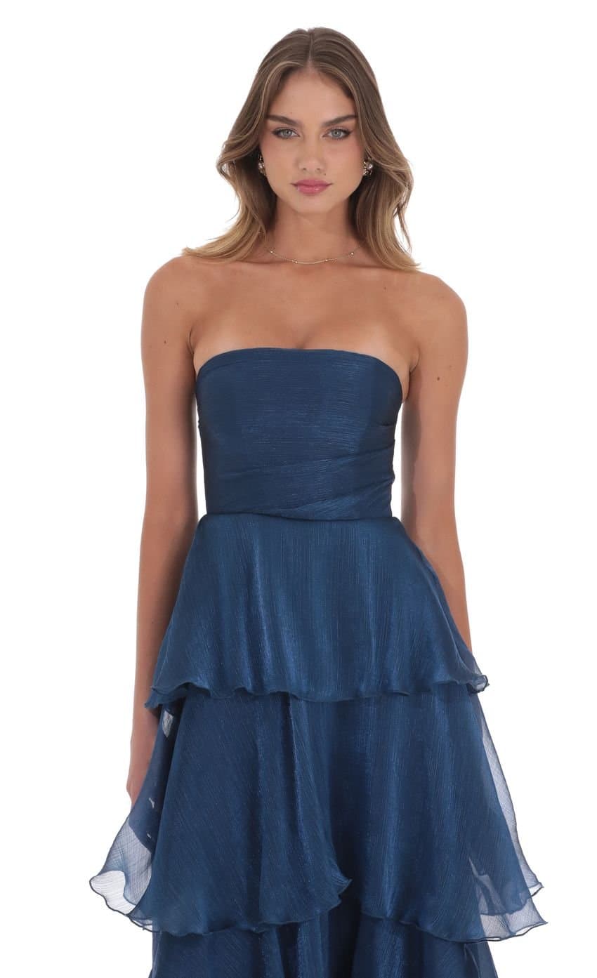 Corset Ruffle Strapless Maxi Dress in Navy