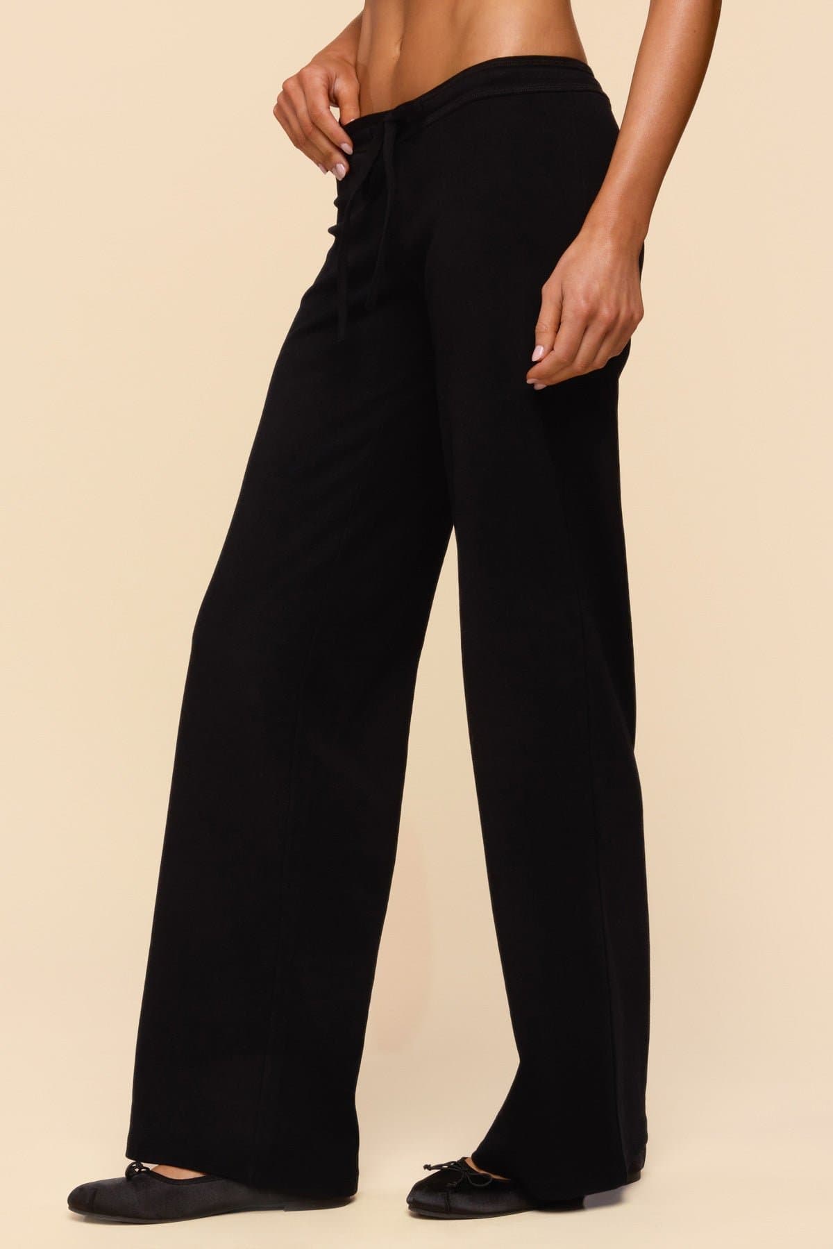 Claudia Straight Leg Pants - Adjustable Tie Waist Cotton Spandex Black Size S Inseam 33.3"