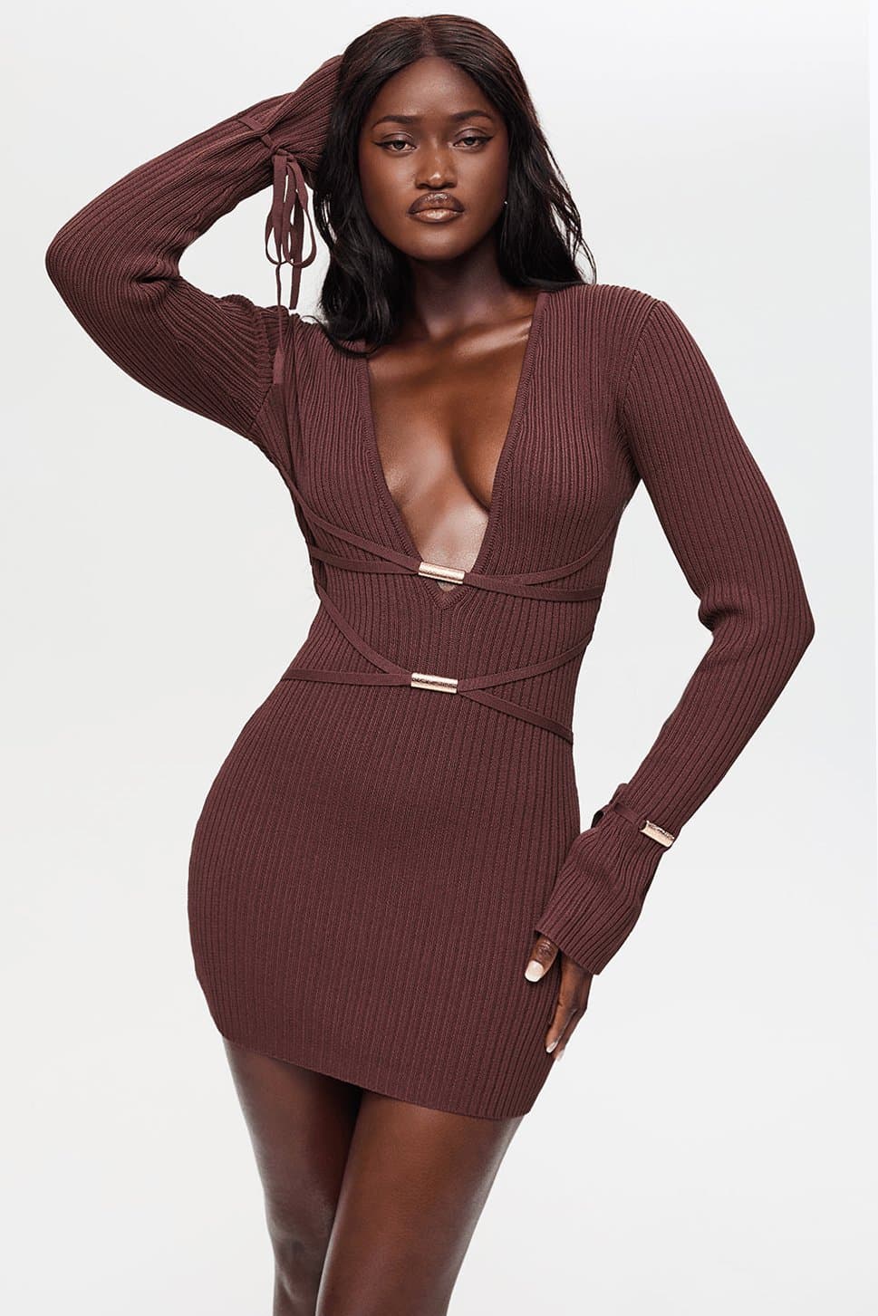 Murci Crystal Mini Bodycon Dress Cocoa Brown Knit Long Sleeve Plunge Neck