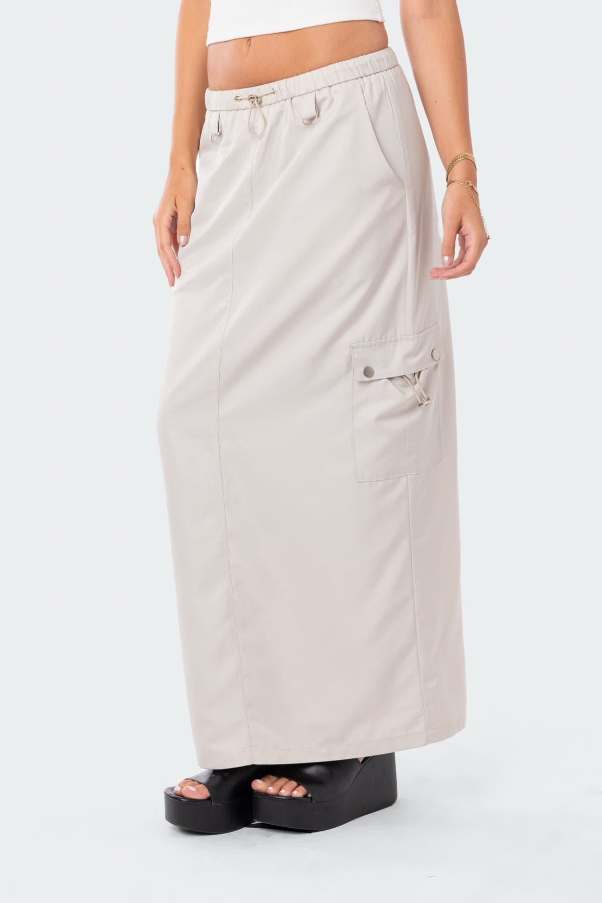 Demi Cargo Maxi Skirt - Polyester Rayon Drawstring Waistband Cargo Pockets