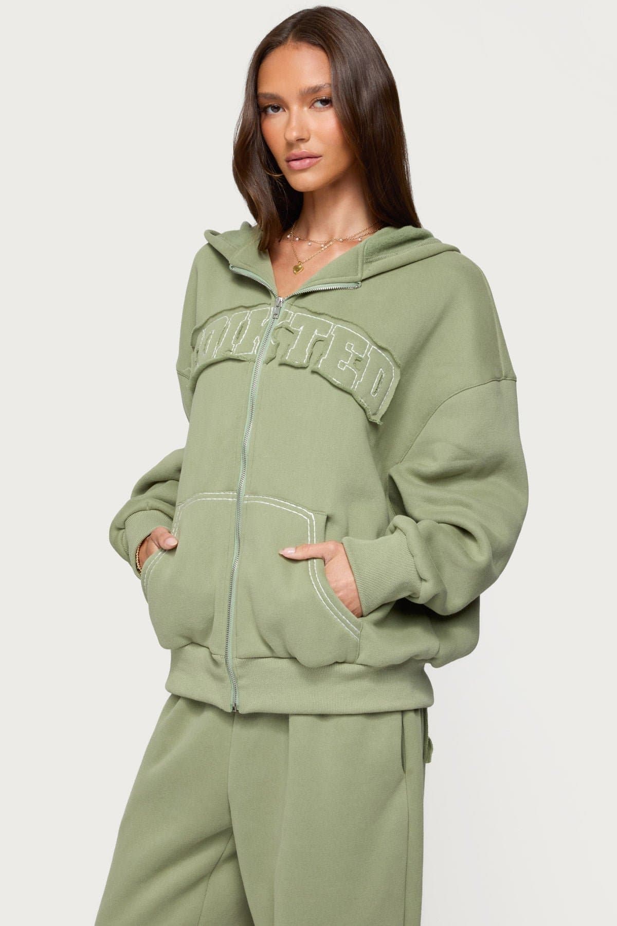 Forever Edikted Oversized Hoodie - Cotton Polyester Front Zip Contrast Stitching