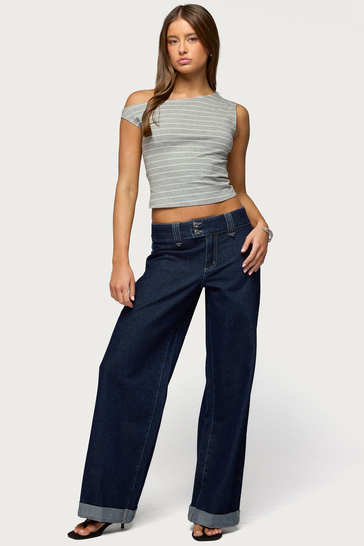 Cuffed Low Rise Straight Leg Jeans in Rigid Cotton Denim