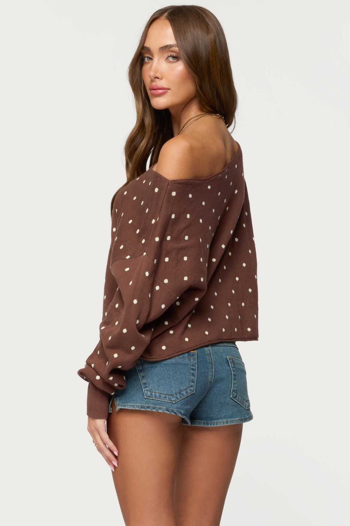 Oversized Off Shoulder Polka Dot Sweater 100% Cotton Knit