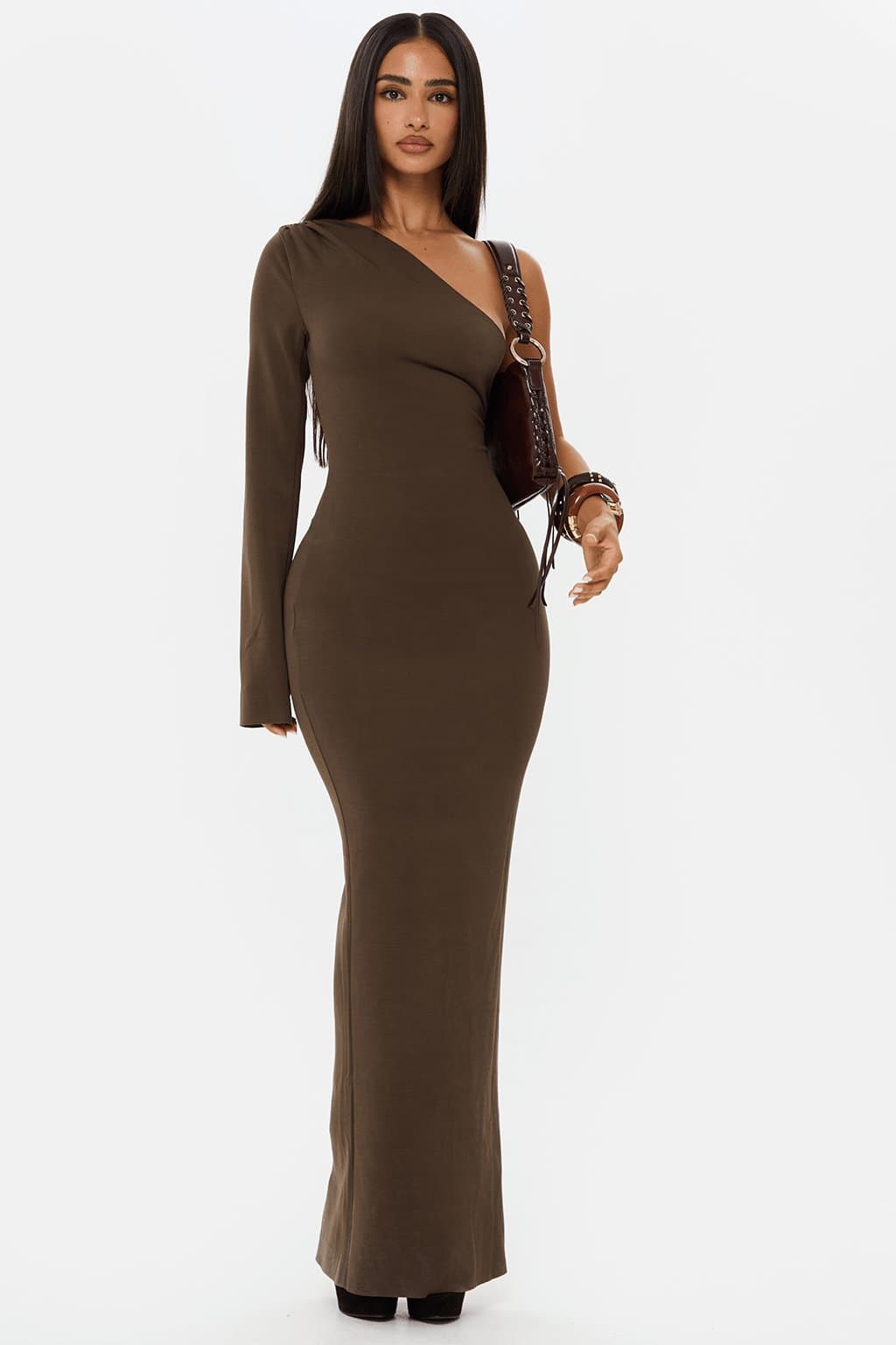 Sculpt Asymmetric Off the Shoulder Maxi Dress - Buttery Stretch Fitted Floor Length