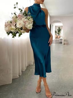 Unique Bridesmaid Sleeveless High Neck Midi Dress