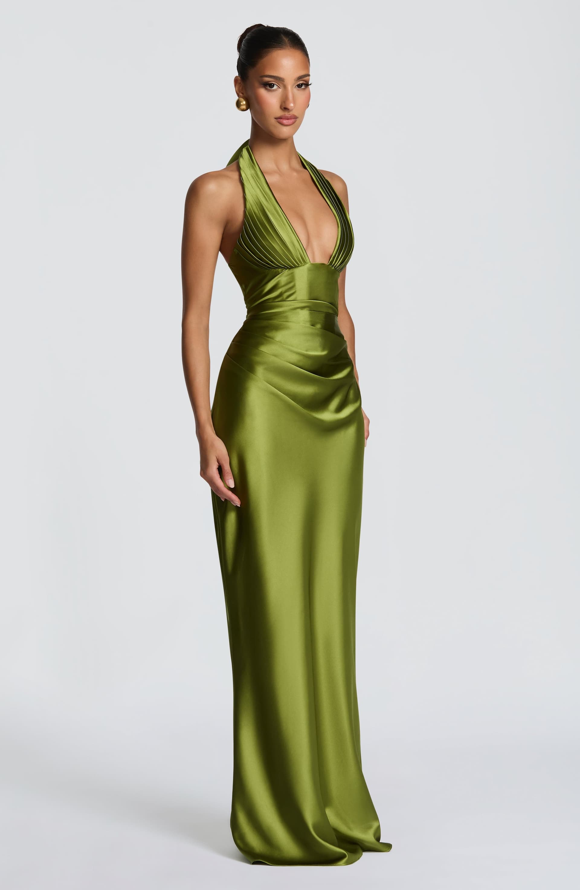 Elowen Olive Maxi Dress Plunge Halter Neckline Lace-Up Back Satin