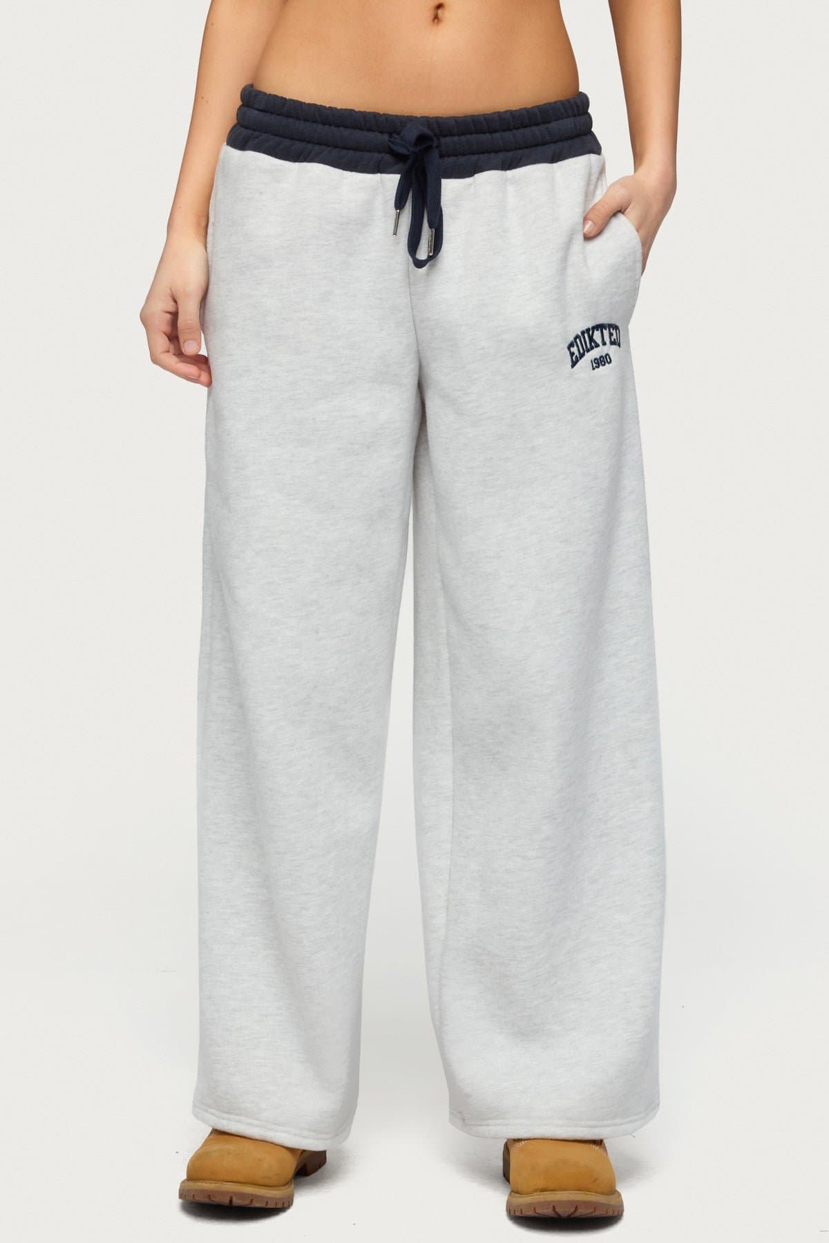 Petite Edikted Contrast Embroidered Sweatpants - Adjustable Tie Waist, Polyester