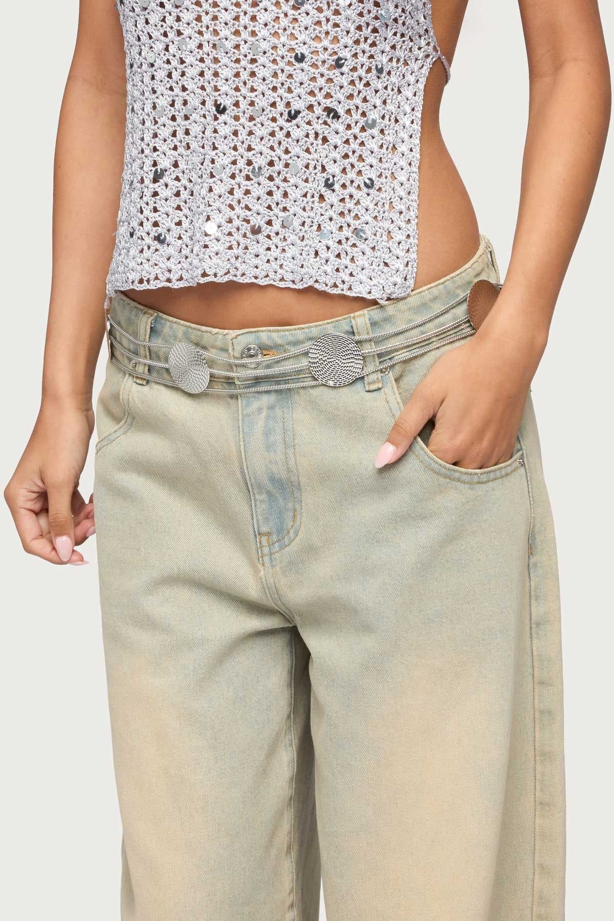 Textured Disc Triple Chain Belt - Silver Tone Metal, 25.6 Inch Length