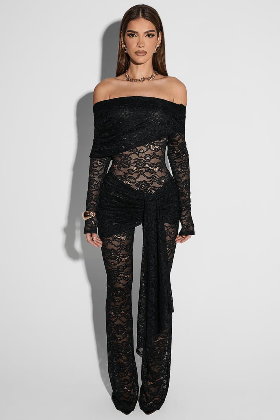 Silva Lace Fit and Flare Jumpsuit - Sheer Lace Bardot Neckline Full Length Sleeve