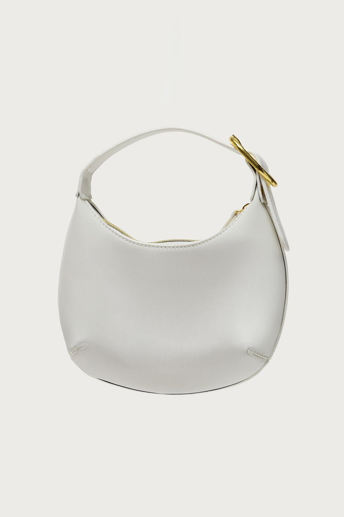 Buckle Strap Faux Leather Bag - Polyurethane 7.9W x 5.1H x 2.4D Gold Tone Zip Closure