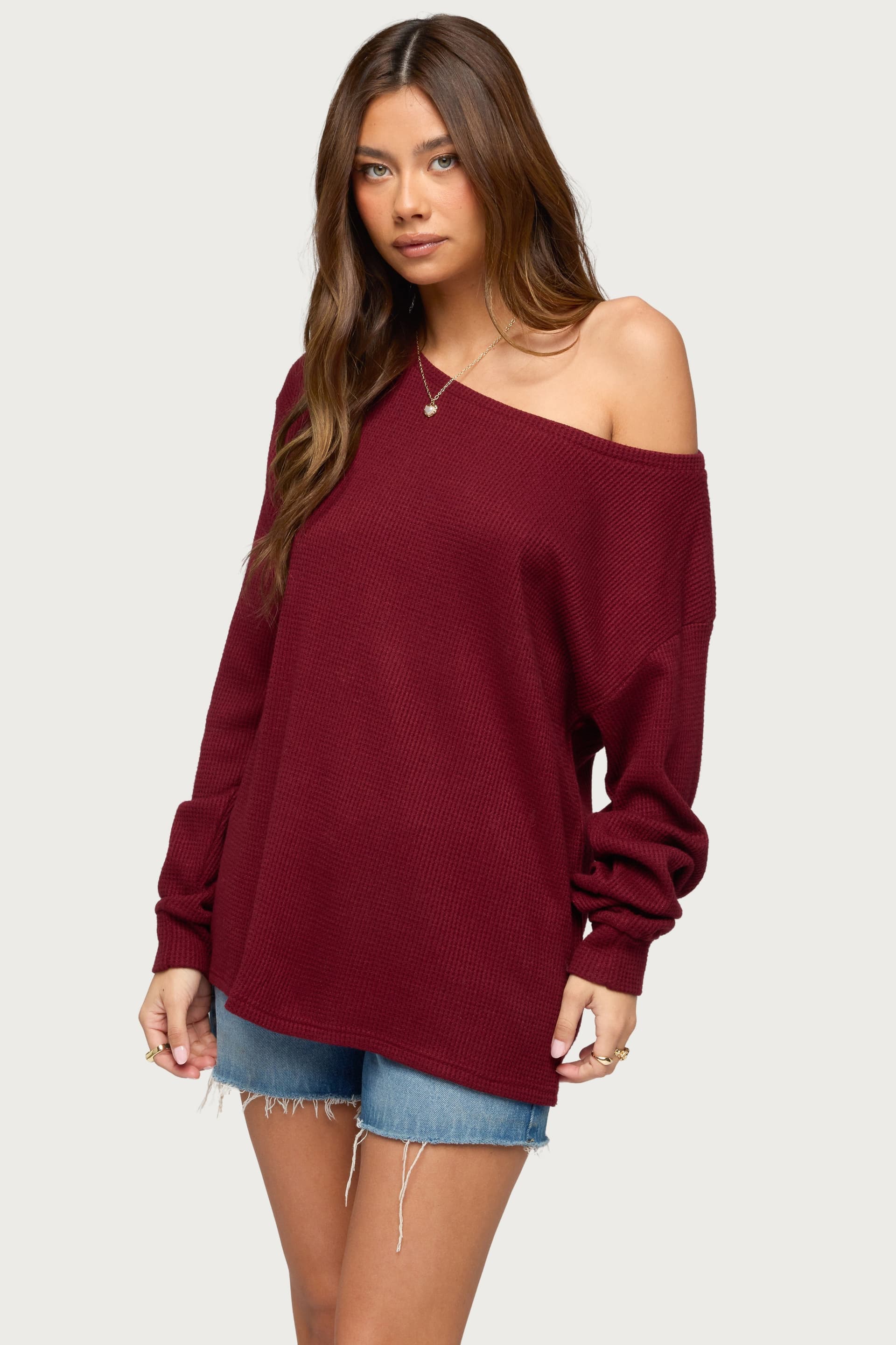 Damari Off Shoulder Oversized Waffle Top - Long Sleeve Rayon Polyester Nylon