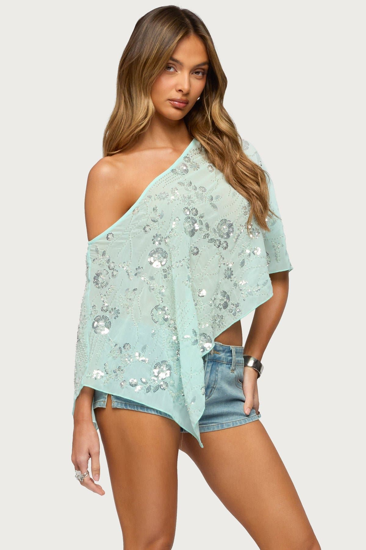 Triana Bead & Sequin Chiffon Poncho - Off Shoulder Asymmetric Sheer Polyester