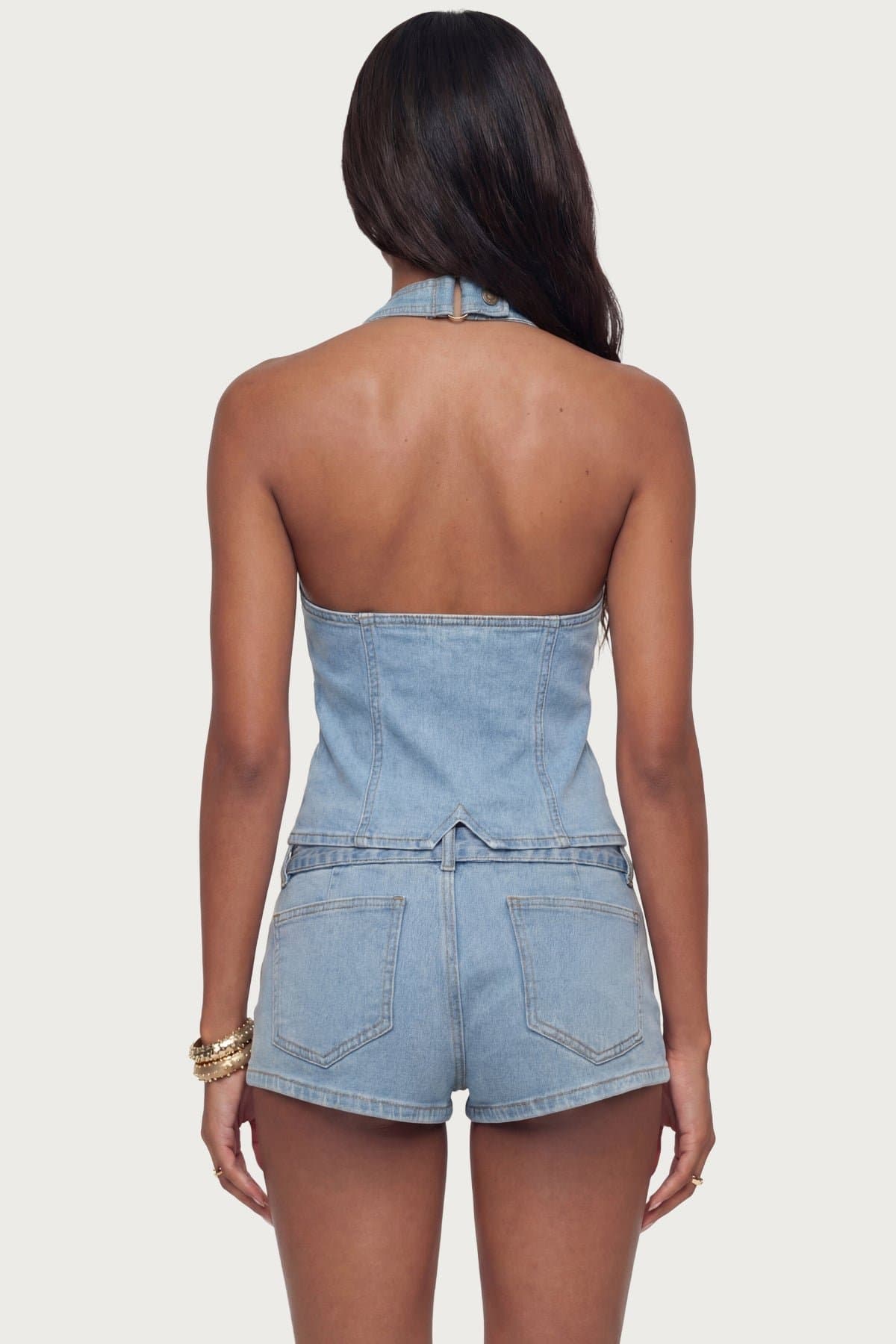 Ciel Split Front Denim Halter Top - Cotton Polyester Spandex with Belt Closure