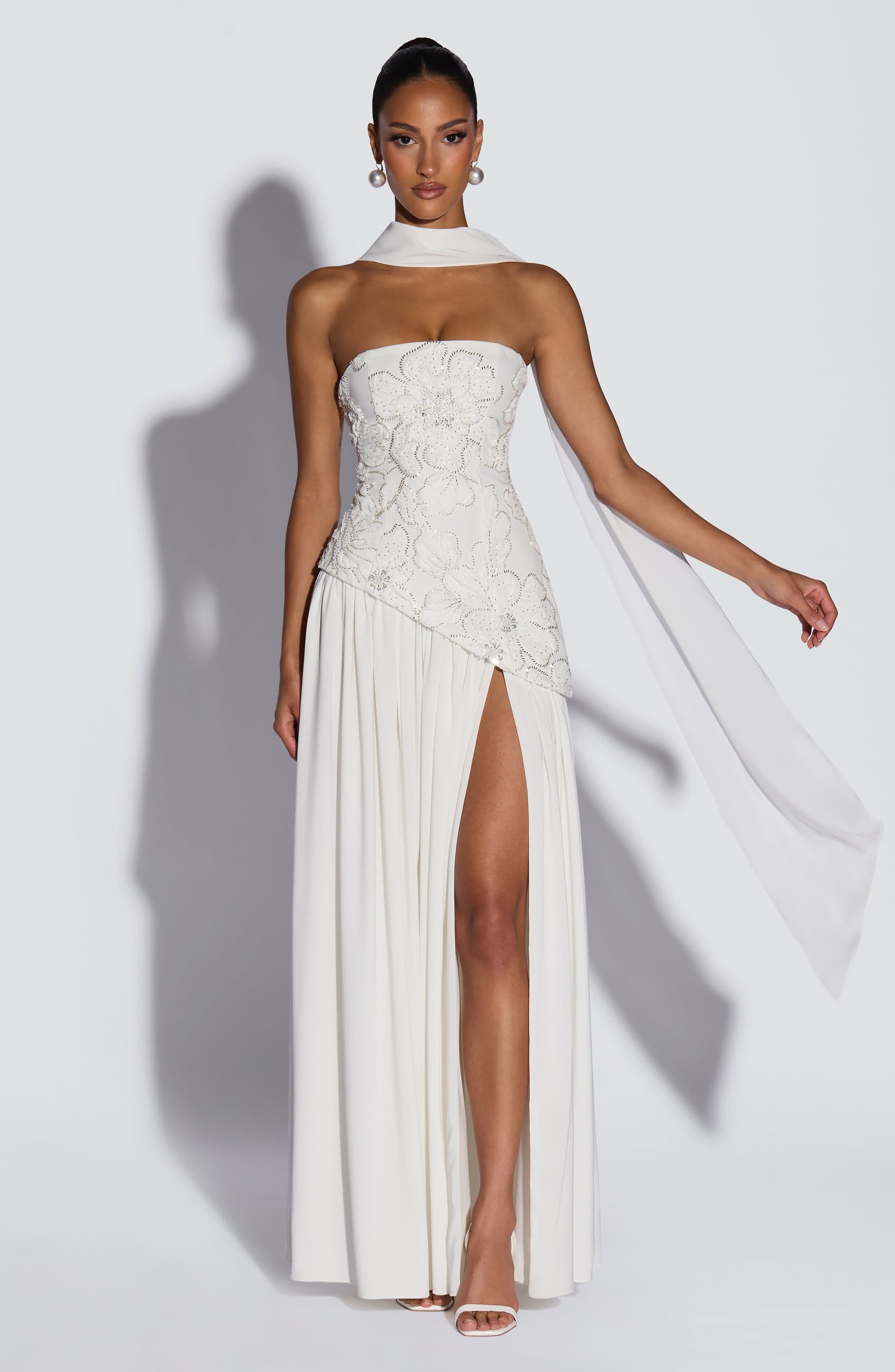 Anneliese Maxi Dress in Ivory Crepe Bodice Chiffon Skirt with Embellishments