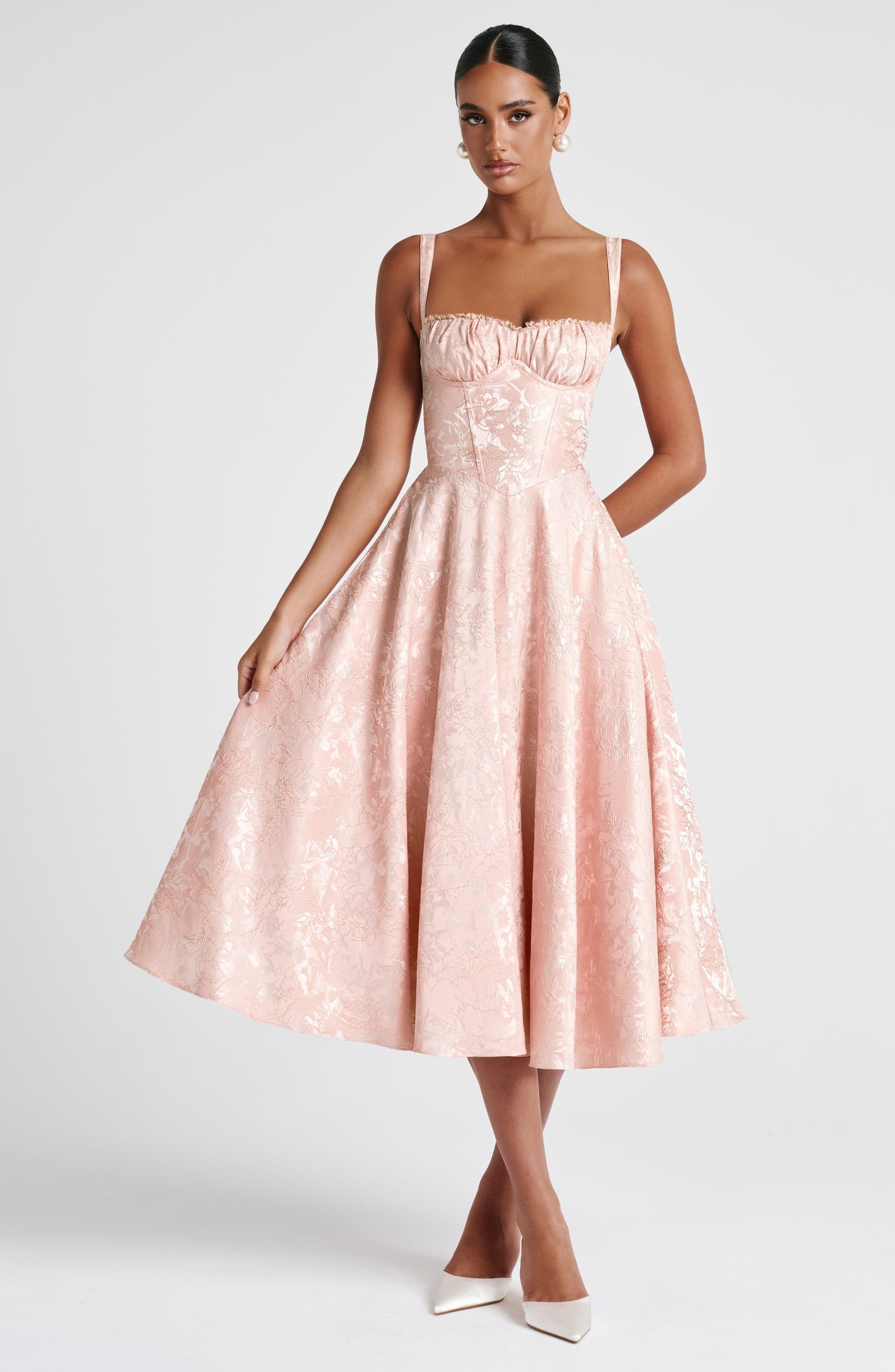 Amity Midi Dress Soft Peach Floral Jacquard Boned Bodice Lace Trim