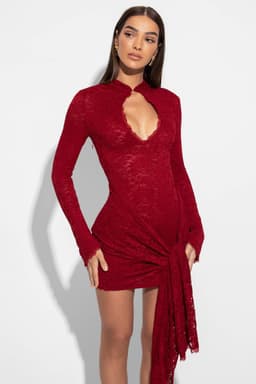 Cherry Mini Bodycon Dress Stretch Lace Full Sleeve Keyhole Neckline