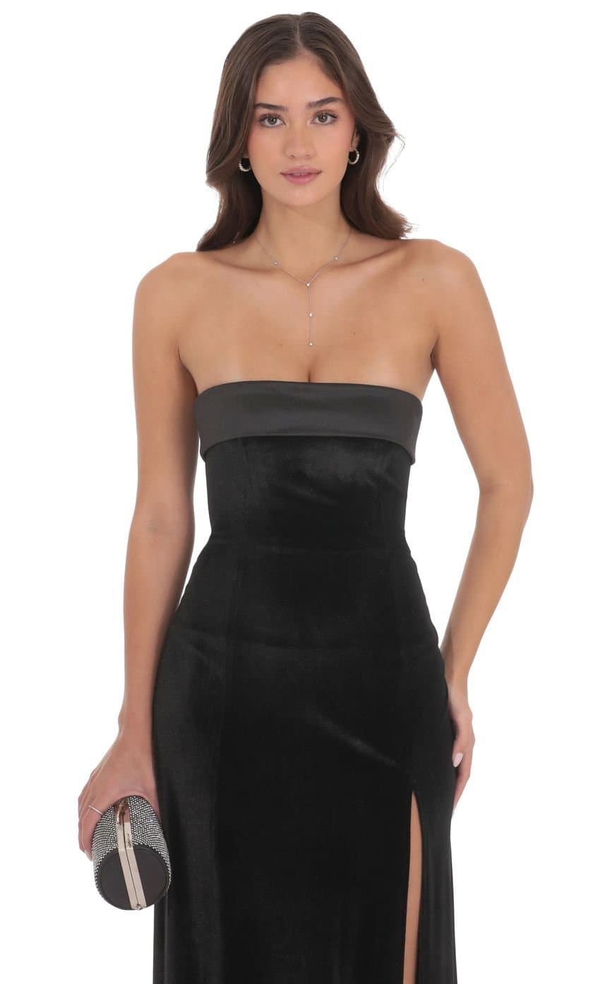 Satin Trim Velvet Strapless Maxi Dress in Black
