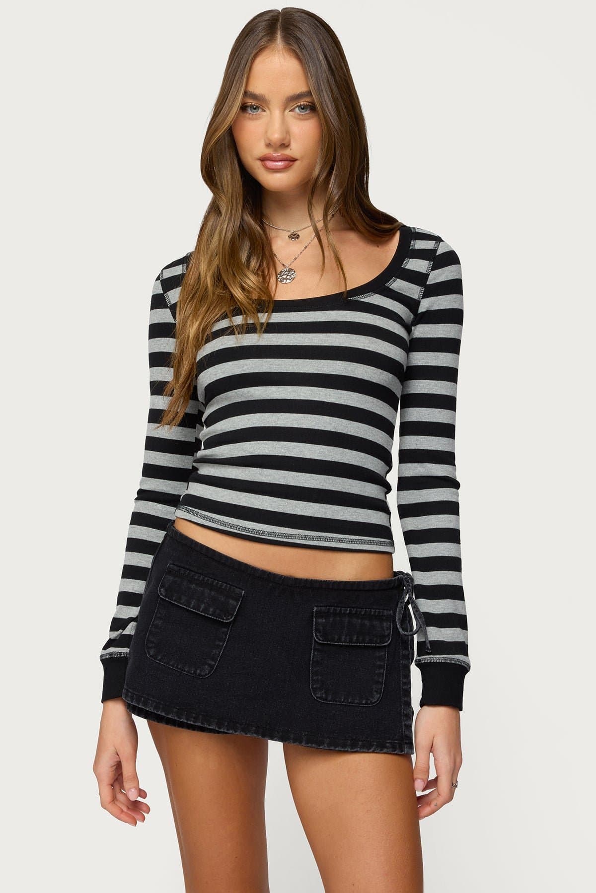 Rainey Striped Long Sleeve Top - Cotton Spandex Scoop Neck Striped Pattern
