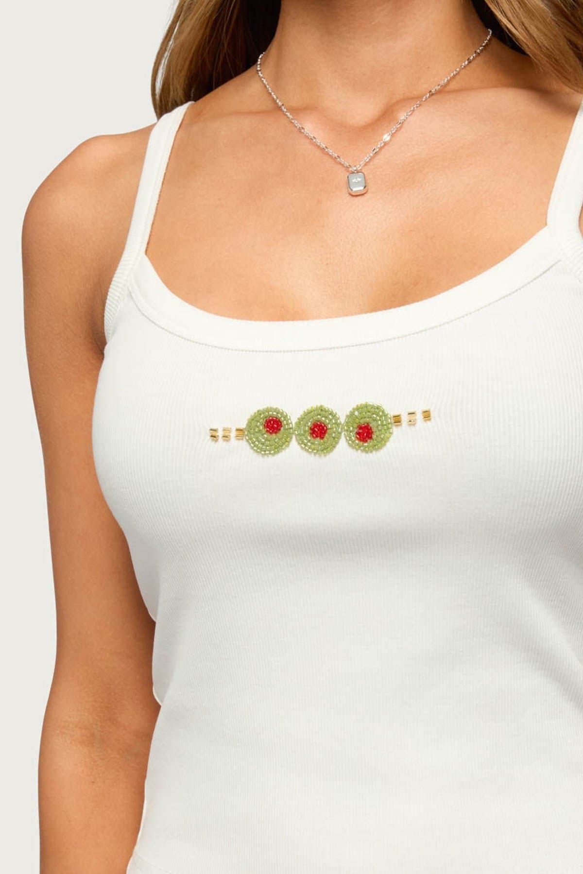 Martini Girl Bead Ribbed Tank Top - Cotton Polyester Spandex