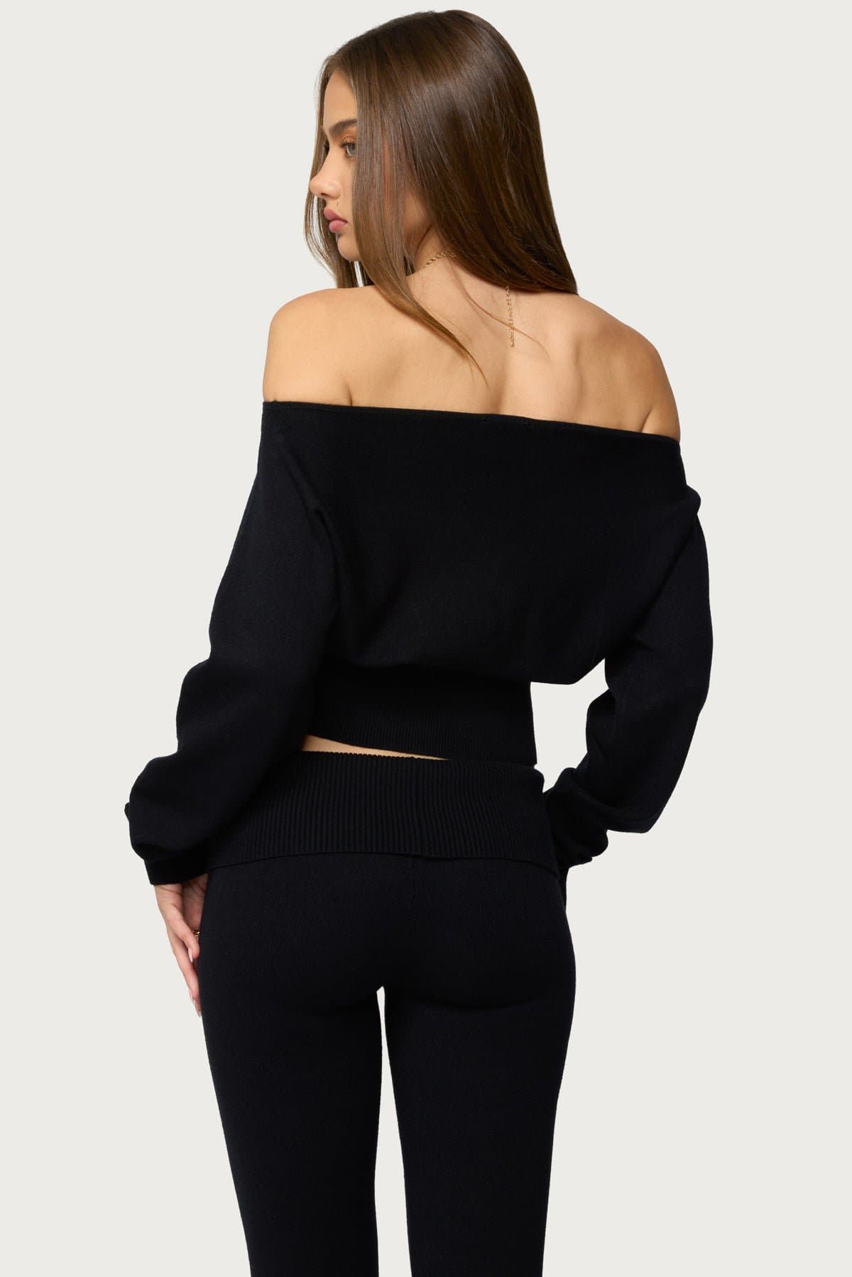 Skyla Off Shoulder Knit Sweater - Cinched Waist Acrylic Fabric