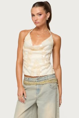 Reid Backless Sequin Cowl Neck Halter Top