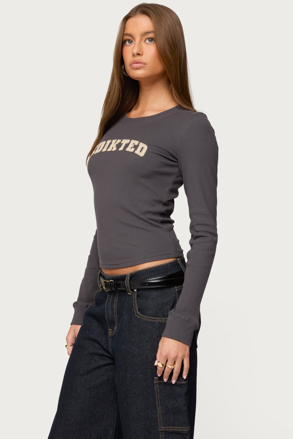 Edikted Essential Ribbed Long Sleeve T-Shirt with Graphic Text Patch