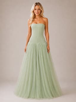 Sage Green Tulle Corset Maxi Dress – Strapless A-Line Ball Gown Prom Evening Dress