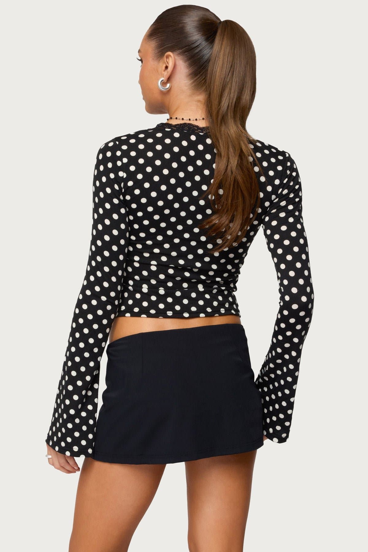 Polka Dot Lacey Plunge V-Neck Long Sleeve Top - Polyester Spandex