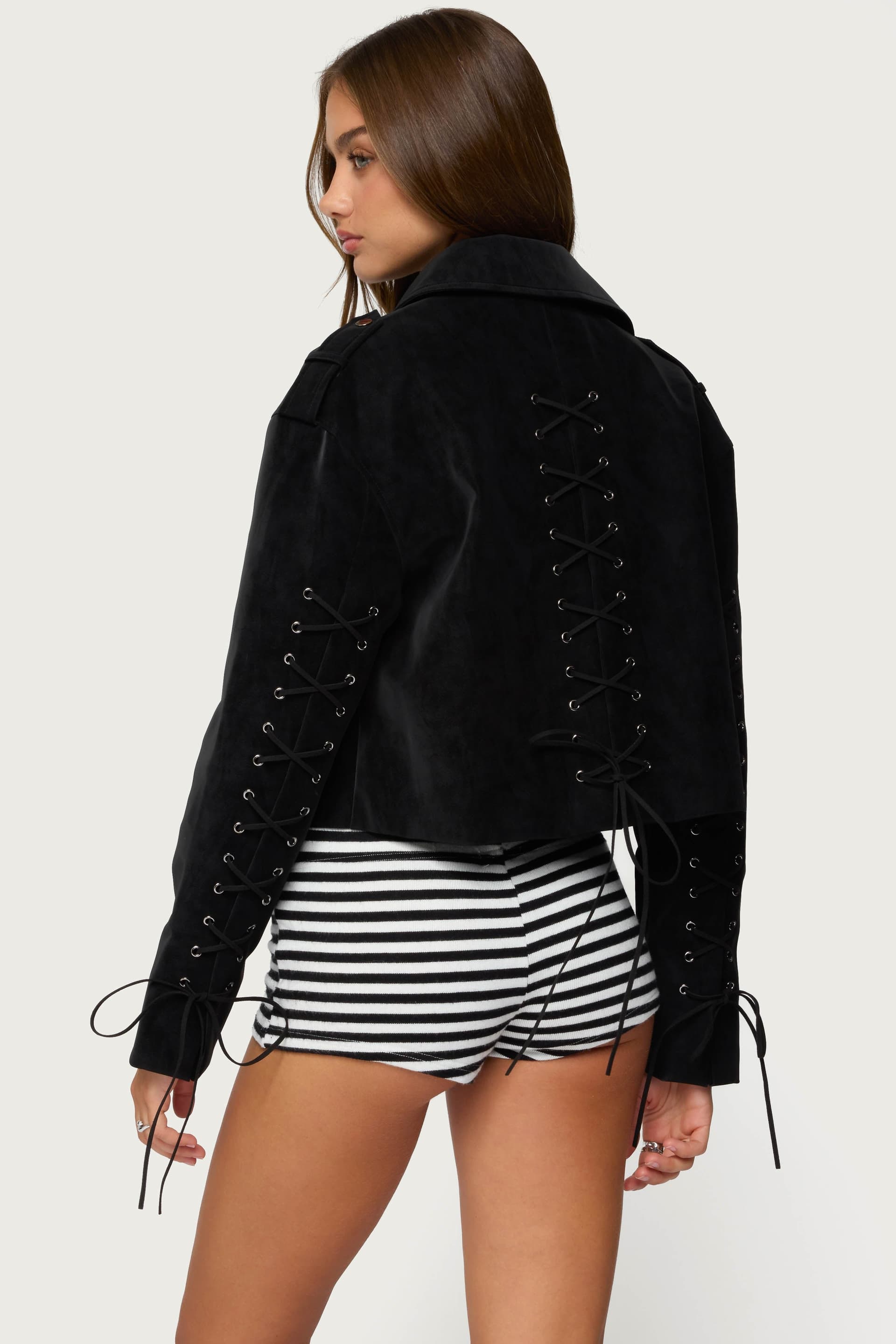 Ryder Faux Suede Biker Jacket - Polyurethane Rayon, Classic Collar, Front Zip, Lace Up