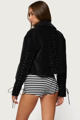 Ryder Faux Suede Biker Jacket - Polyurethane Rayon, Classic Collar, Front Zip, Lace Up