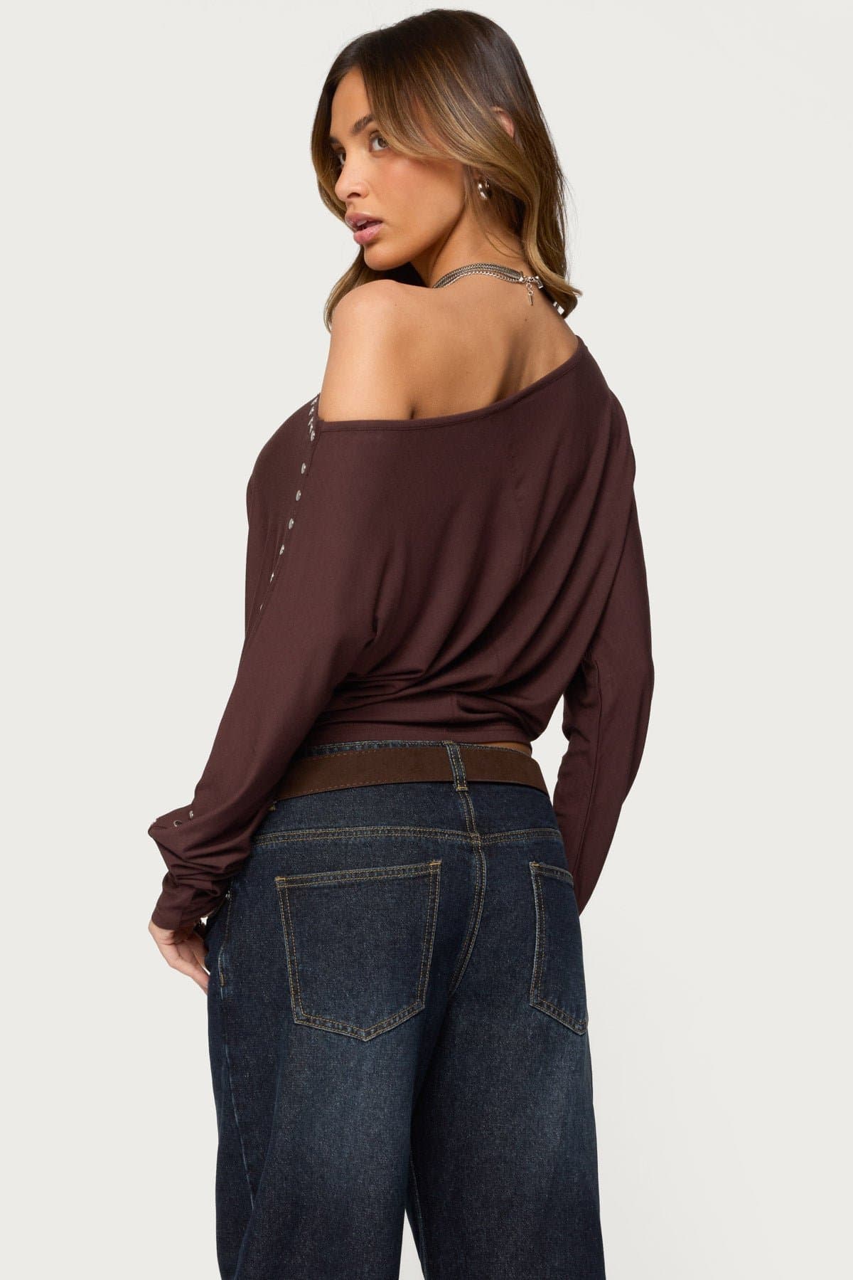 Paola Off Shoulder Stud Top with Long Sleeves and Cinched Waist in Rayon Spandex