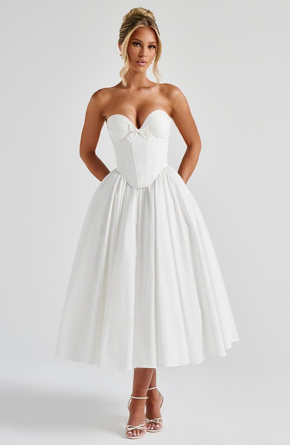 Prim Midi Dress Ivory Strapless Plunge Sweetheart Neckline Lace-Up Back Boned Corset