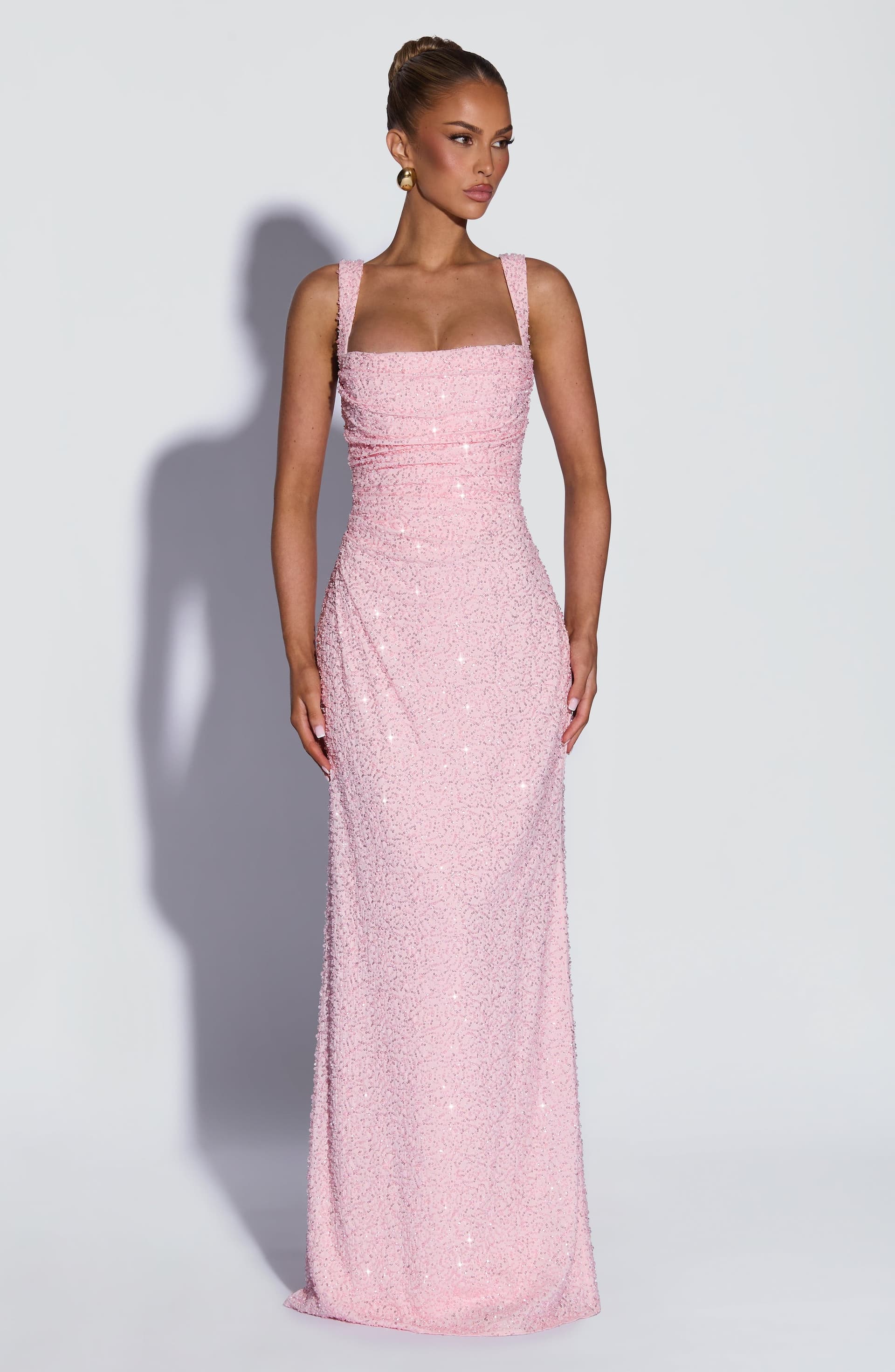 Calanthe Maxi Dress Blush Sparkle Beaded Chiffon Pleated Neckline