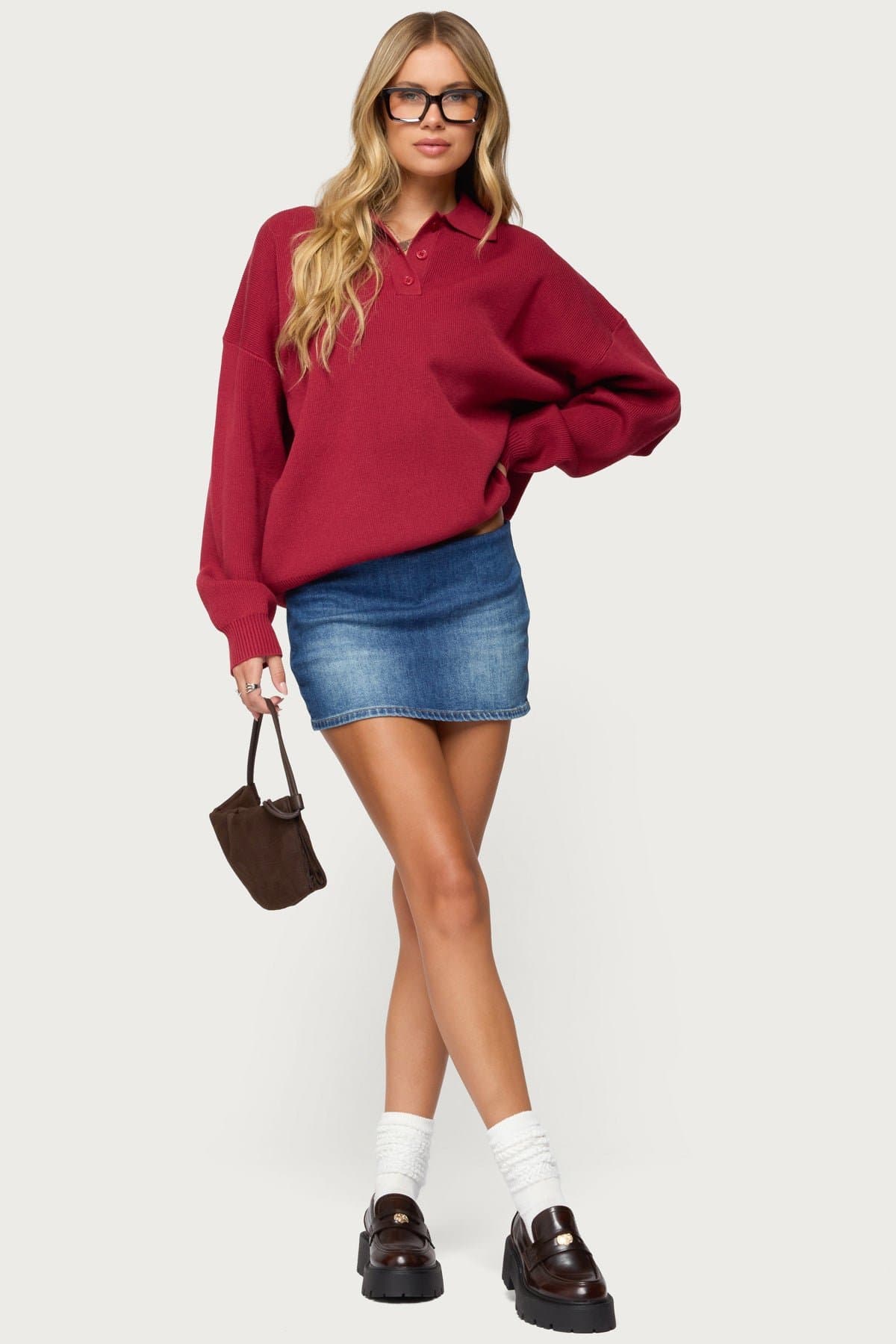 Lorie Oversized Knit Polo Sweater - Rayon Nylon Polyester Rugby Shirt