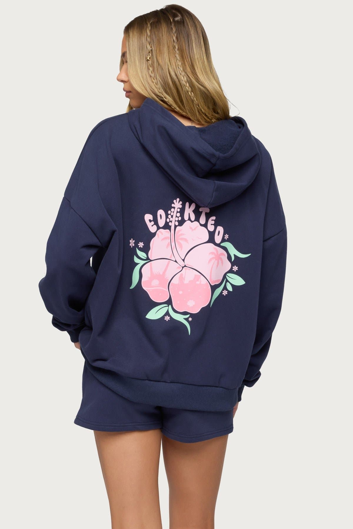 Beach Bloom Hoodie with Hibiscus Flower Palm Trees Print Polyester Cotton