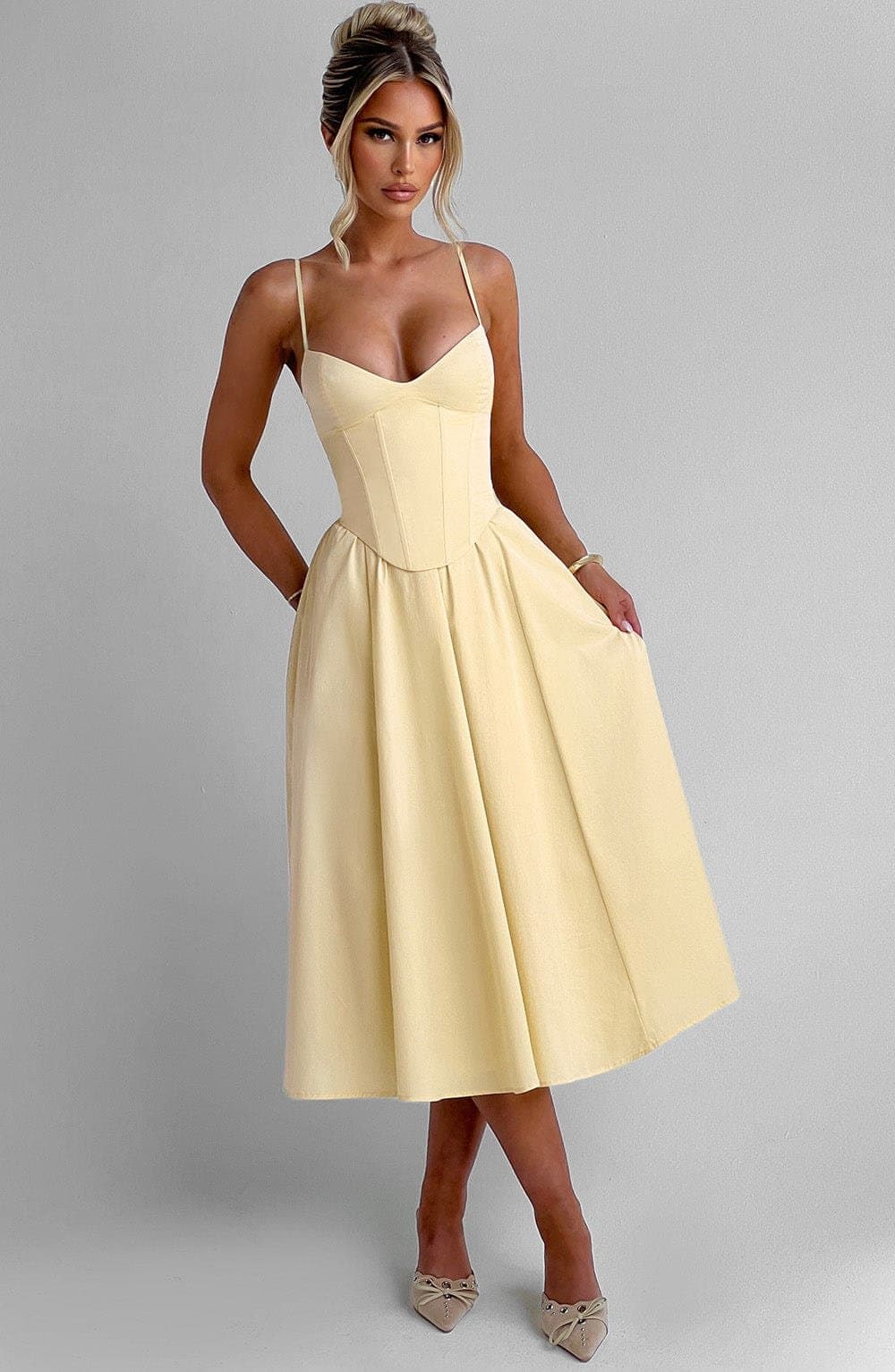 Mariella Midi Dress - Lemon - Sweetheart Neckline, Lace-Up Back, Cotton Nylon Blend