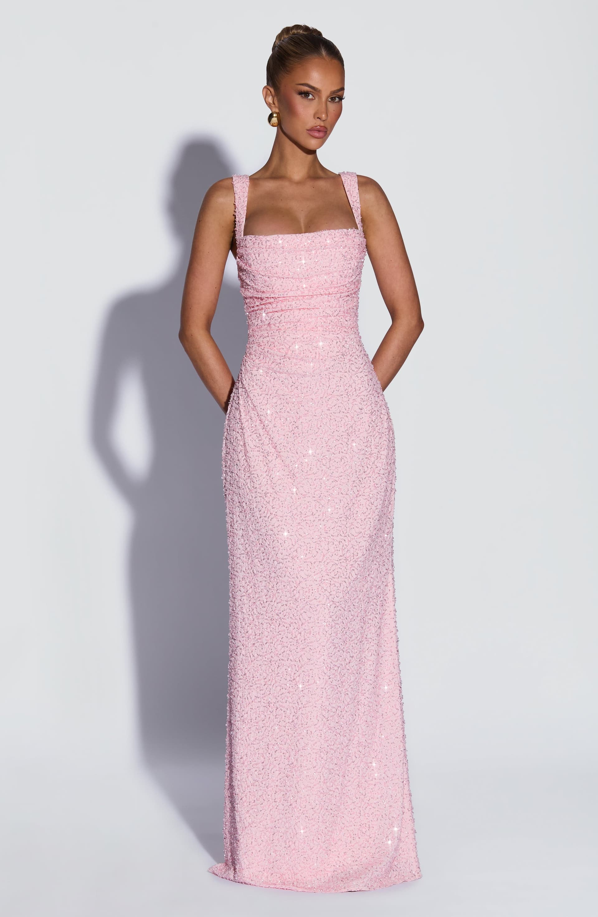 Calanthe Maxi Dress Blush Sparkle Beaded Chiffon Pleated Neckline
