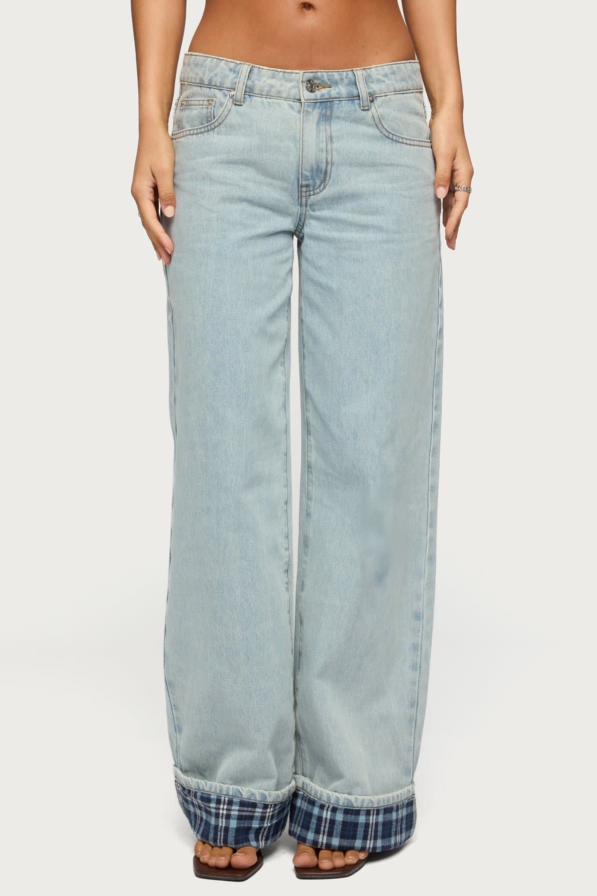 Plaid Cuffed Low Rise Baggy Jeans - Rigid Cotton Polyester Denim