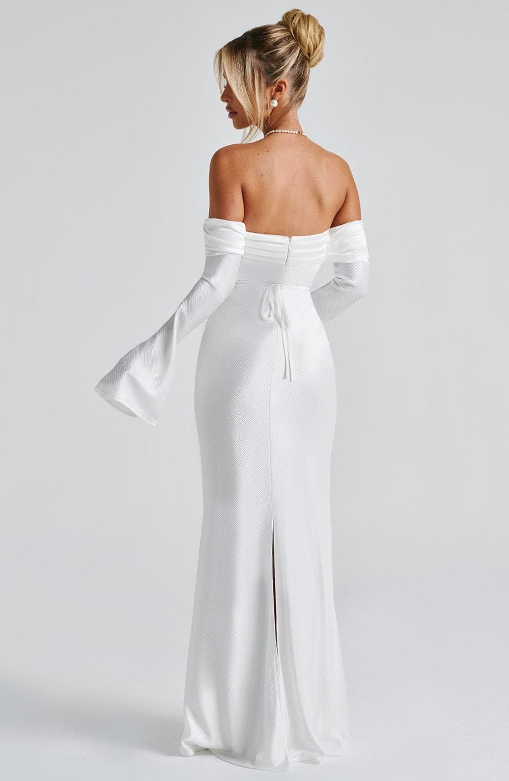 Selene Maxi Dress in Ivory - Textured Satin Bardot Neckline Long Sleeve