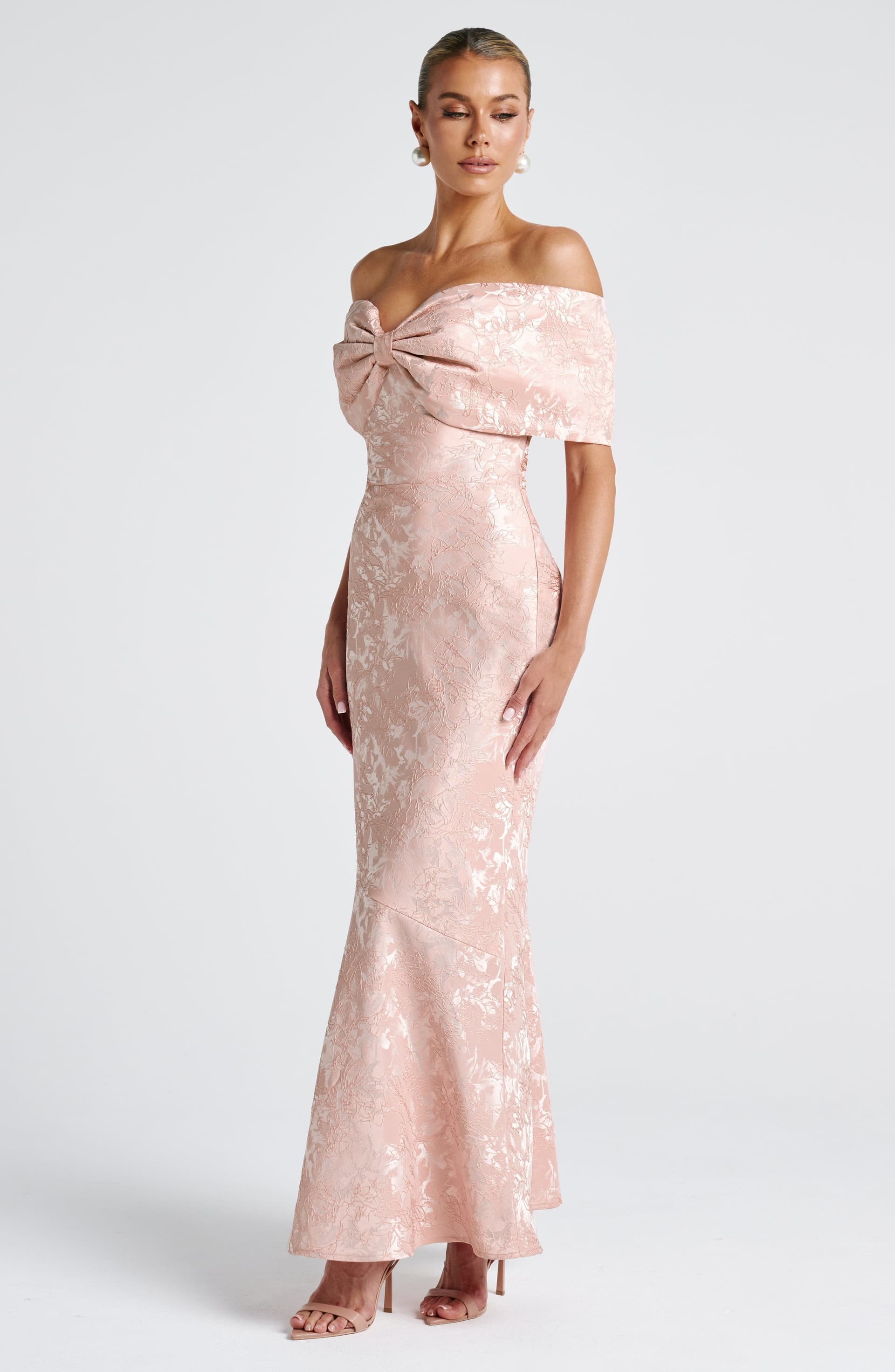 Emberly Soft Peach Maxi Dress Floral Jacquard Lace-Up Back Bardot Bow